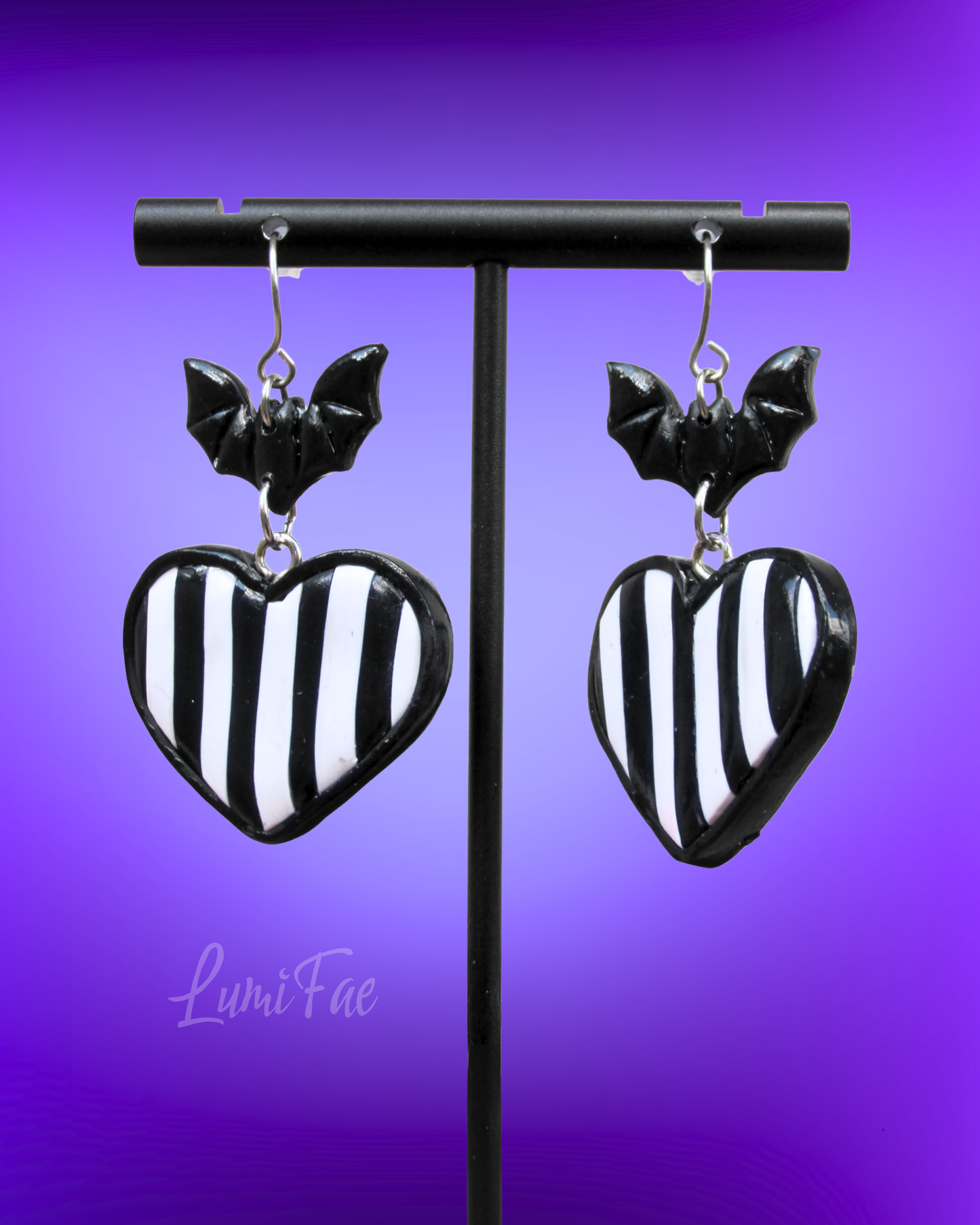 Goth Stripes Heart Bat Earrings - Black and White, Polymer Clay, Hypoallergenic, Handmade - LumiFae