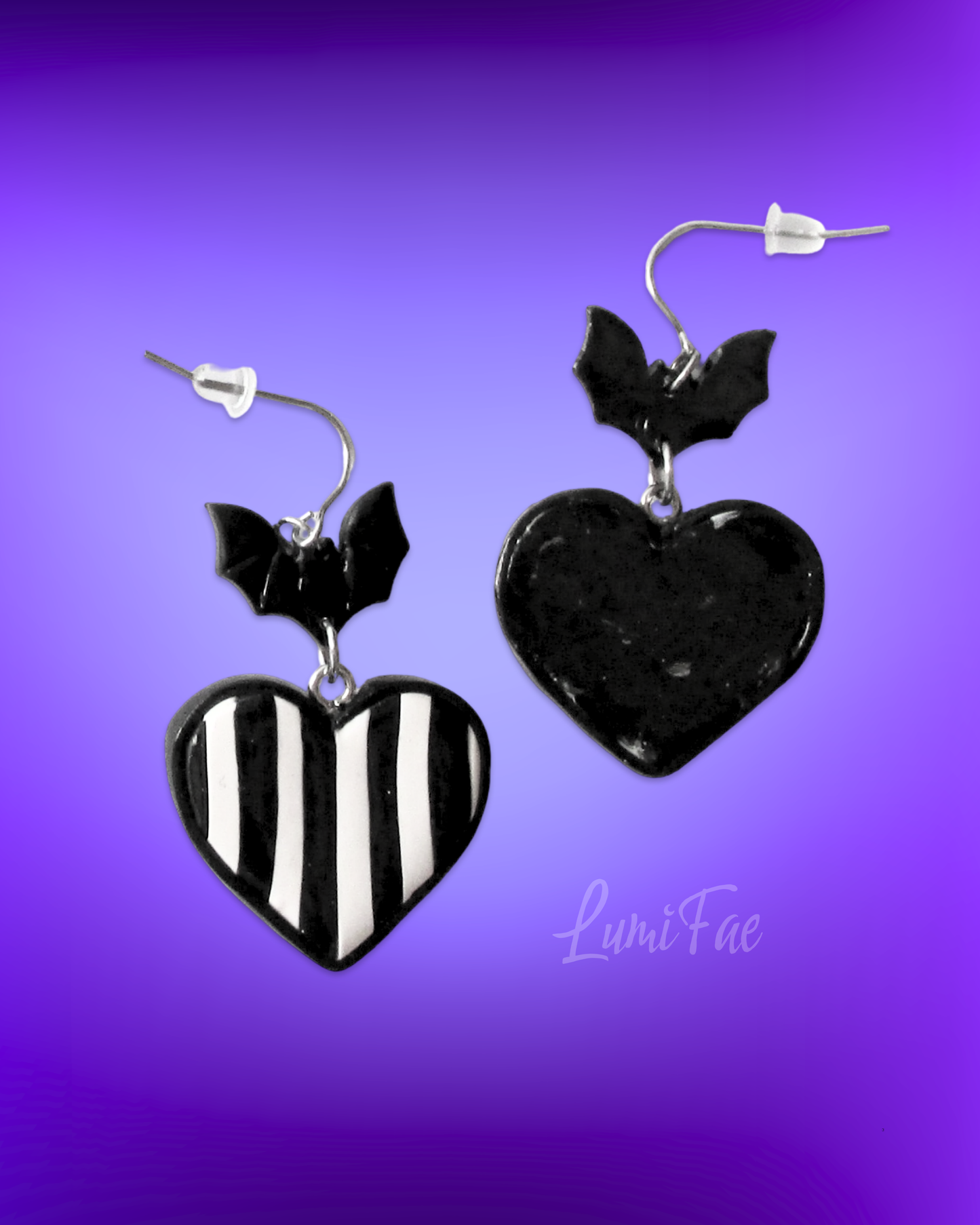 Goth Stripes Heart Bat Earrings - Black and White, Polymer Clay, Hypoallergenic, Handmade - LumiFae