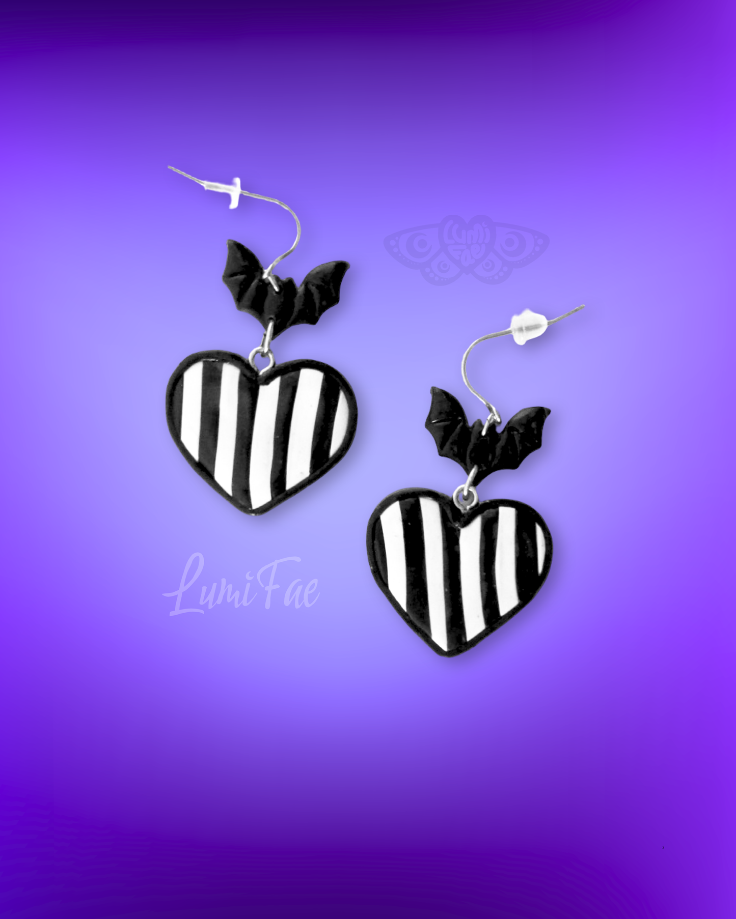 Goth Stripes Heart Bat Earrings - Black and White, Polymer Clay, Hypoallergenic, Handmade - LumiFae