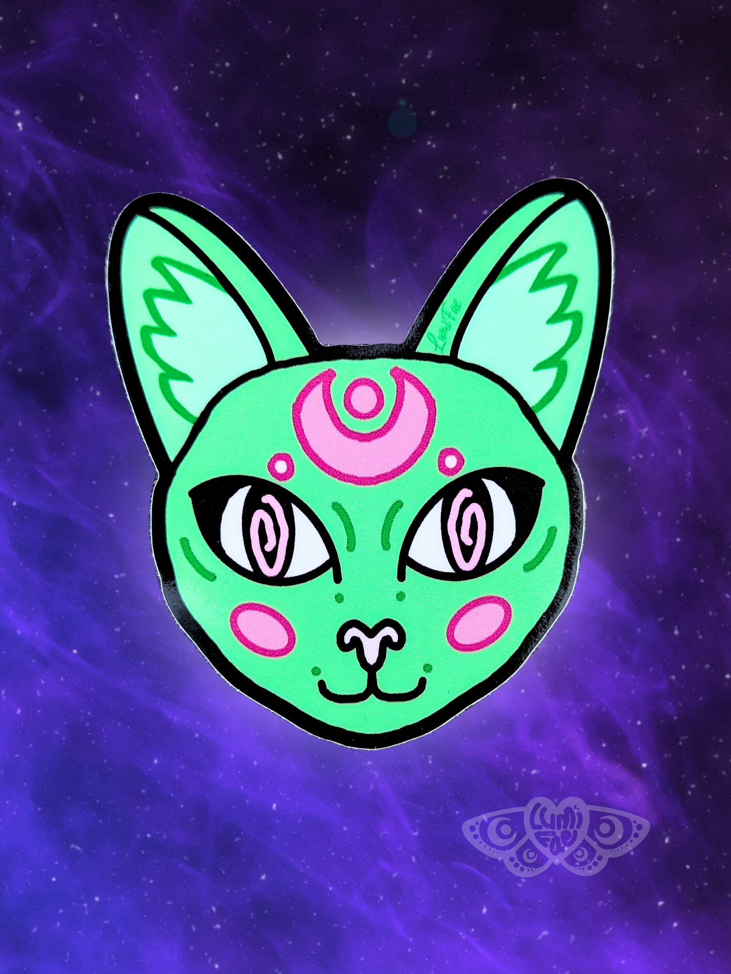 Green Cat Sticker, Hypnotic Celestial Circus Cat Decal, Waterproof, Glossy - LumiFae