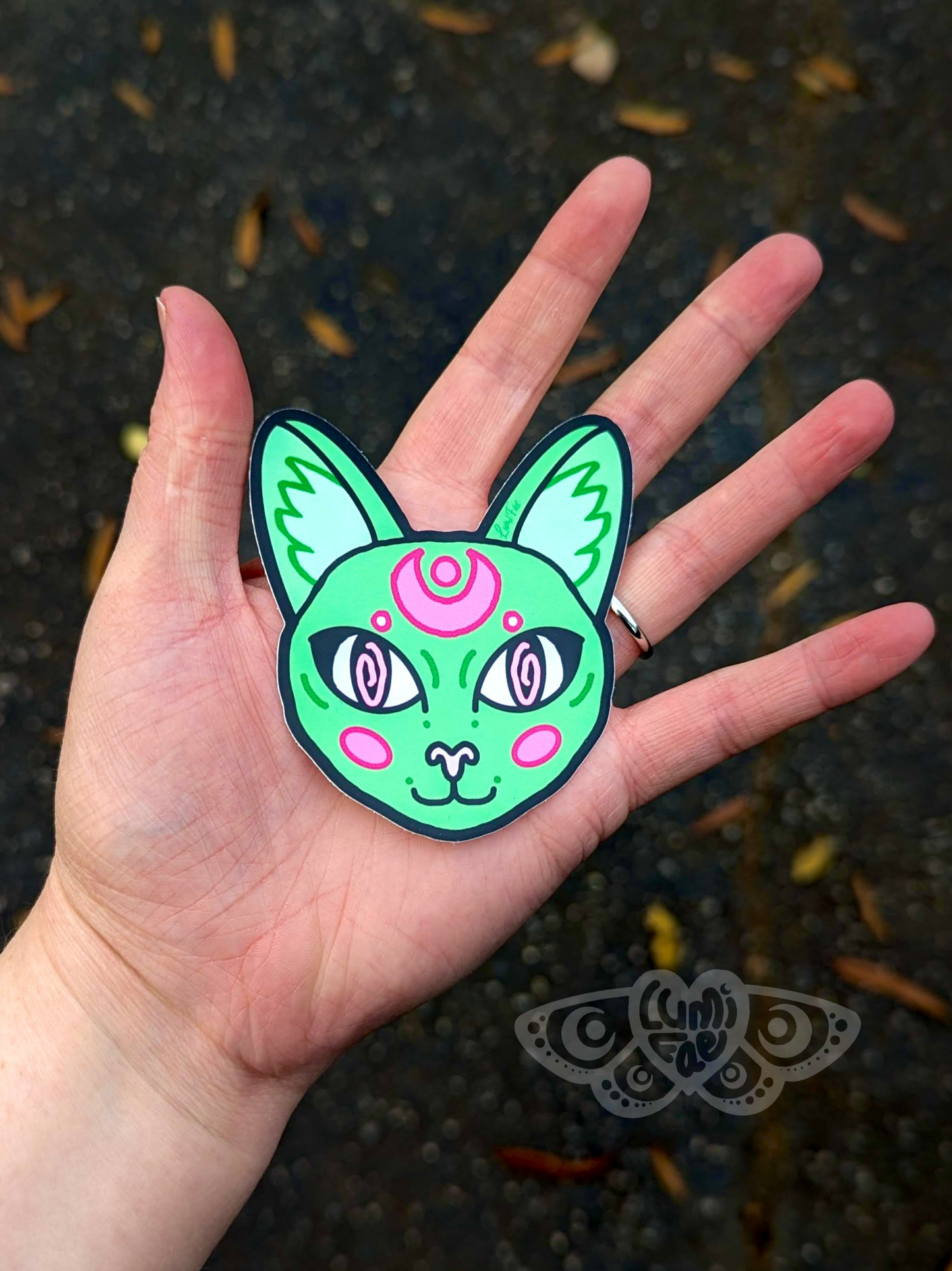 Green Cat Sticker, Hypnotic Celestial Circus Cat Decal, Waterproof, Glossy - LumiFae