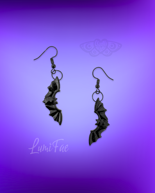 Black Bat Earrings - Halloween Gothic Resin - LumiFae