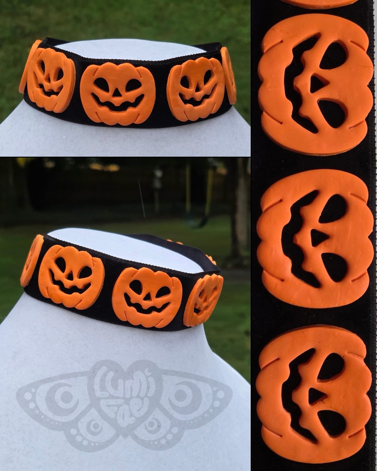 Halloween Choker Necklace - Velvet, Black, Wide, Jack-o-Lantern, Handmade - LumiFae