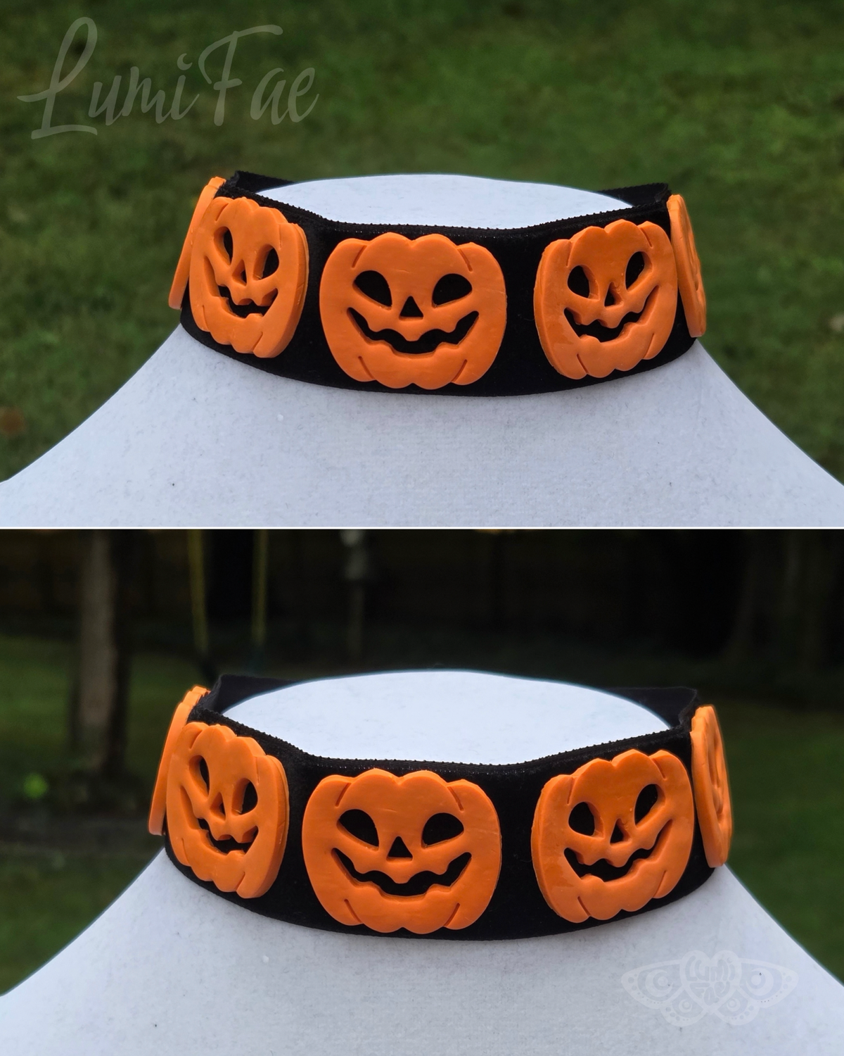 Halloween Choker Necklace - Velvet, Black, Wide, Jack-o-Lantern, Handmade - LumiFae