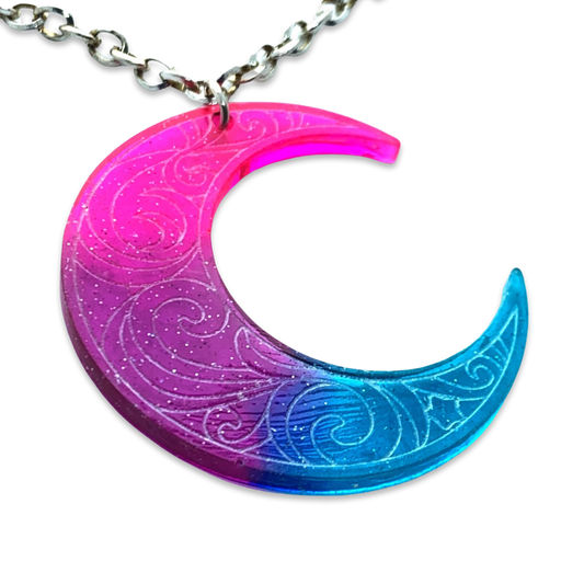 Pink Purple Blue Etched Crescent Moon Pendant