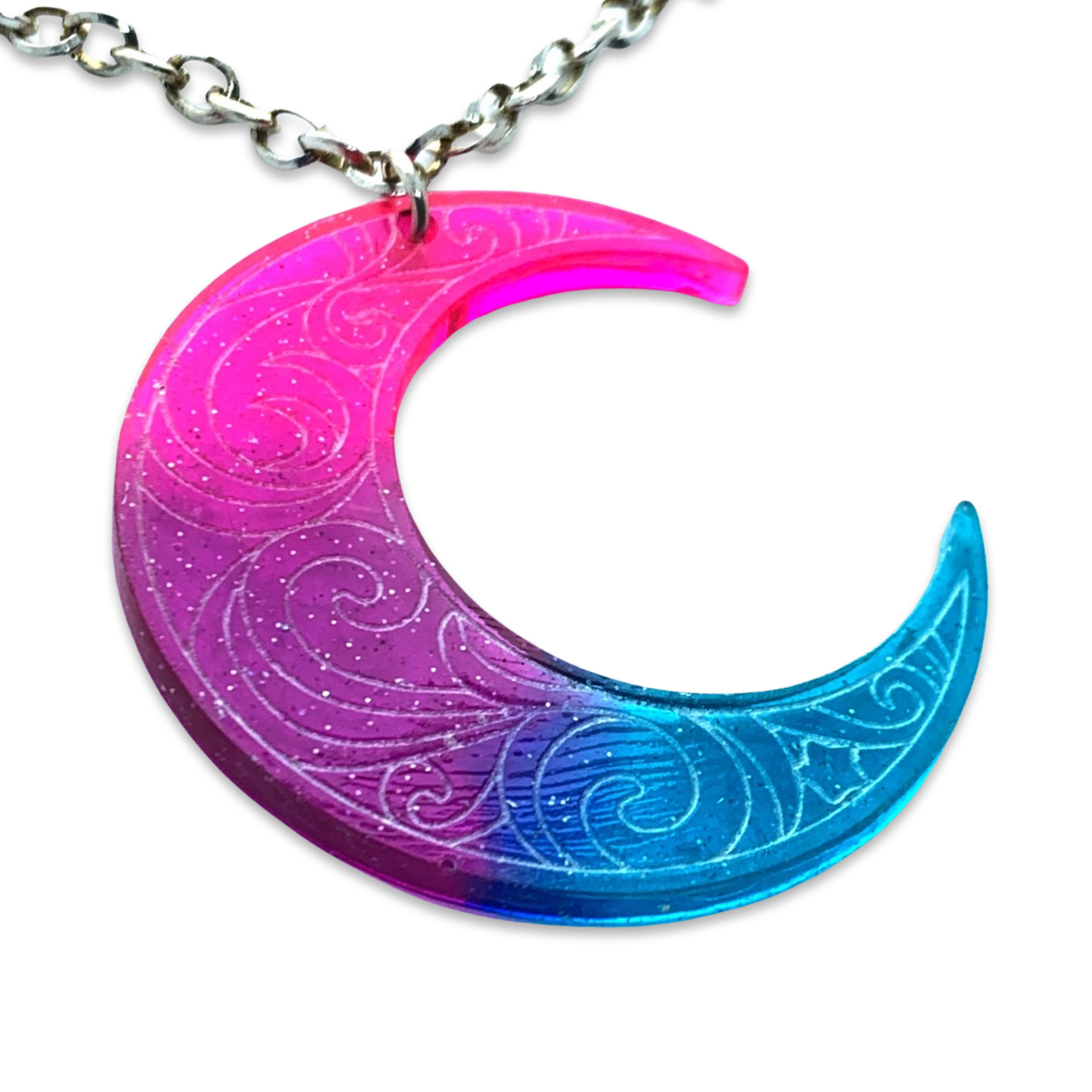 Pink Purple Blue Etched Crescent Moon Pendant