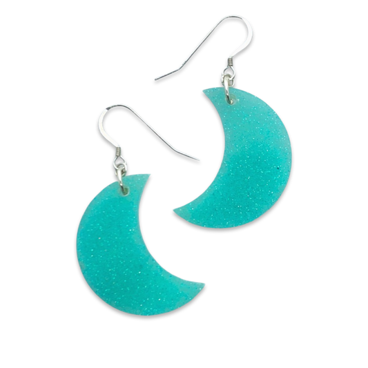 Teal/Aqua Glow in The Dark Crescent Moon Earrings, Sterling Silver - Imperfect