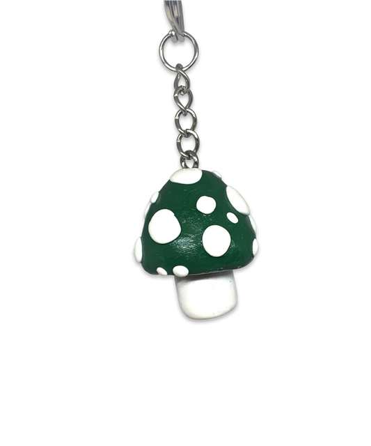 Forest Green White Spotted Mushroom Keychains, cartoon, cute, stylized