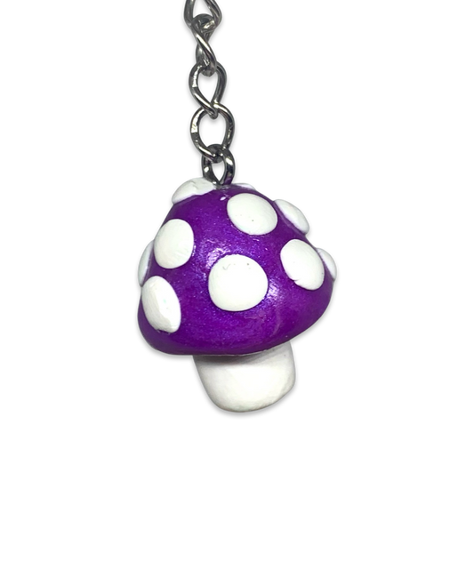 Shimmer Purple White Spotted Mushroom Keychains, cartoon, cute, stylized