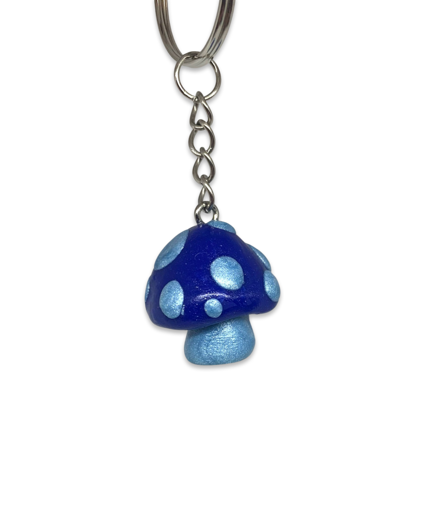 Dark Blue and Shimmer Light Blue Monochromatic Spotted Mushroom Keychains, cartoon, stylized, cute
