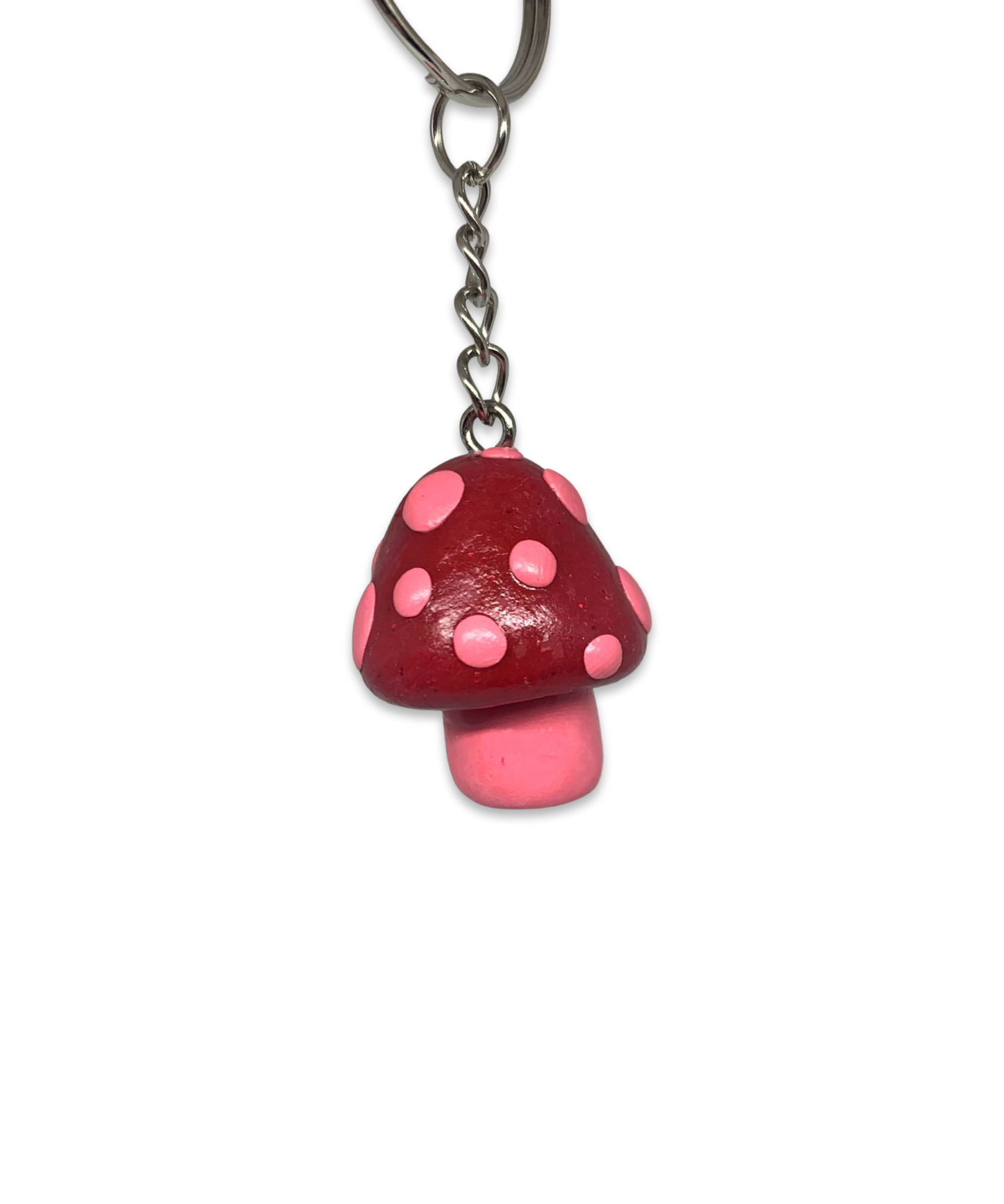 Sparkly Dark Red Monochromatic Spotted Mushroom Keychains, cartoon, stylized, cute