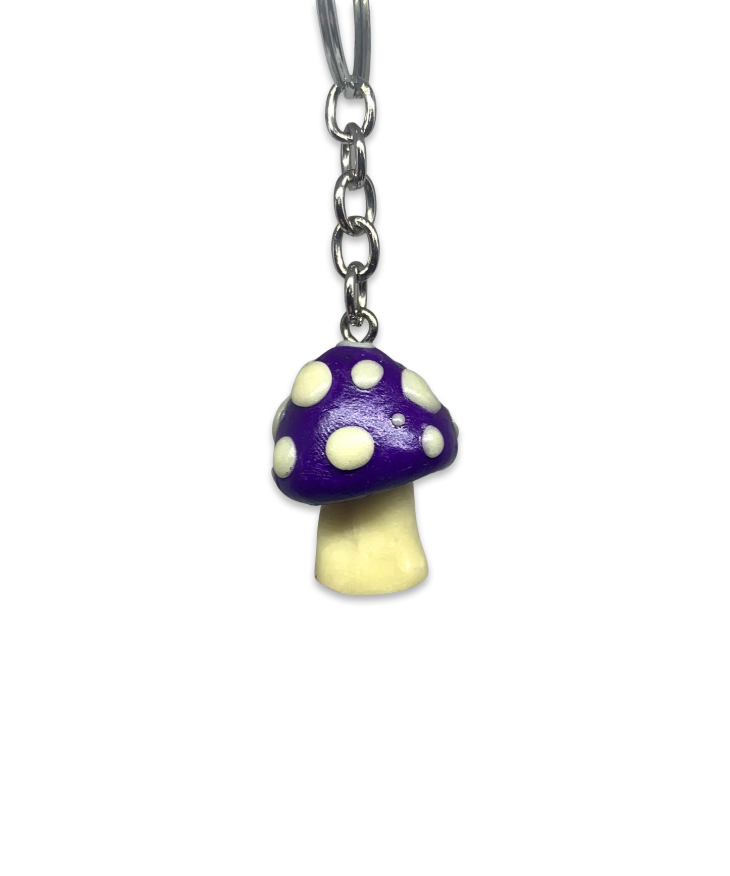 Purple and Glow-in-the-Dark Spotted Mushroom Keychains, cute, cartoon, stylized, Blacklight, UV reactive, glow