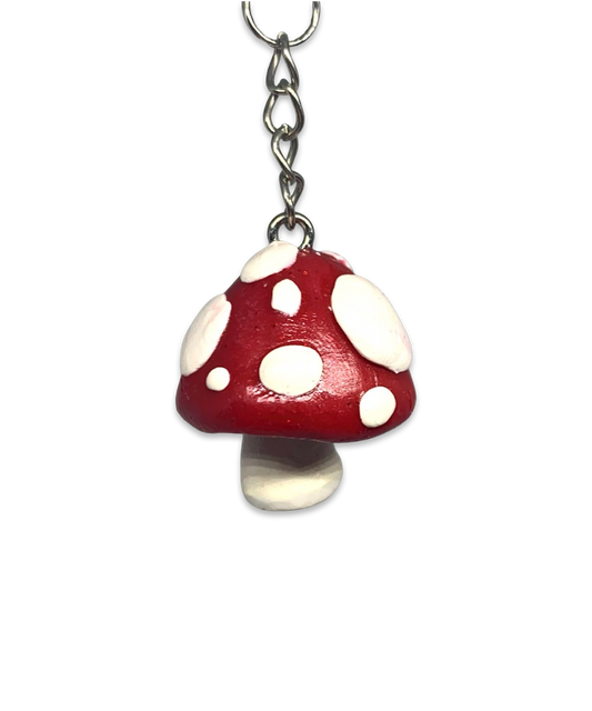 Sparkly Dark Red White Spotted Mushroom Keychains, cartoon, cute, stylized