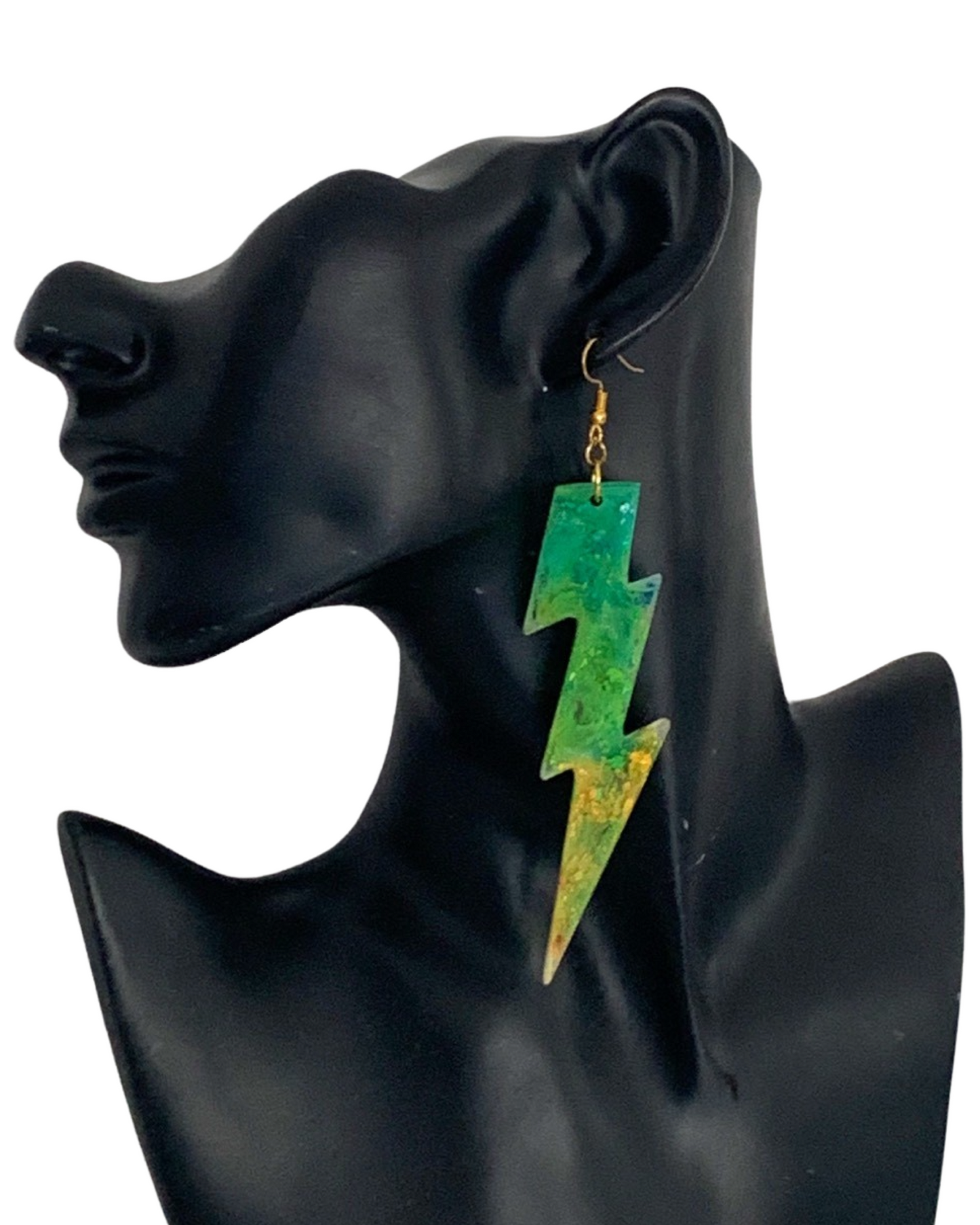 Green and Yellow Lightning Bolt Earrings, Gold Hooks