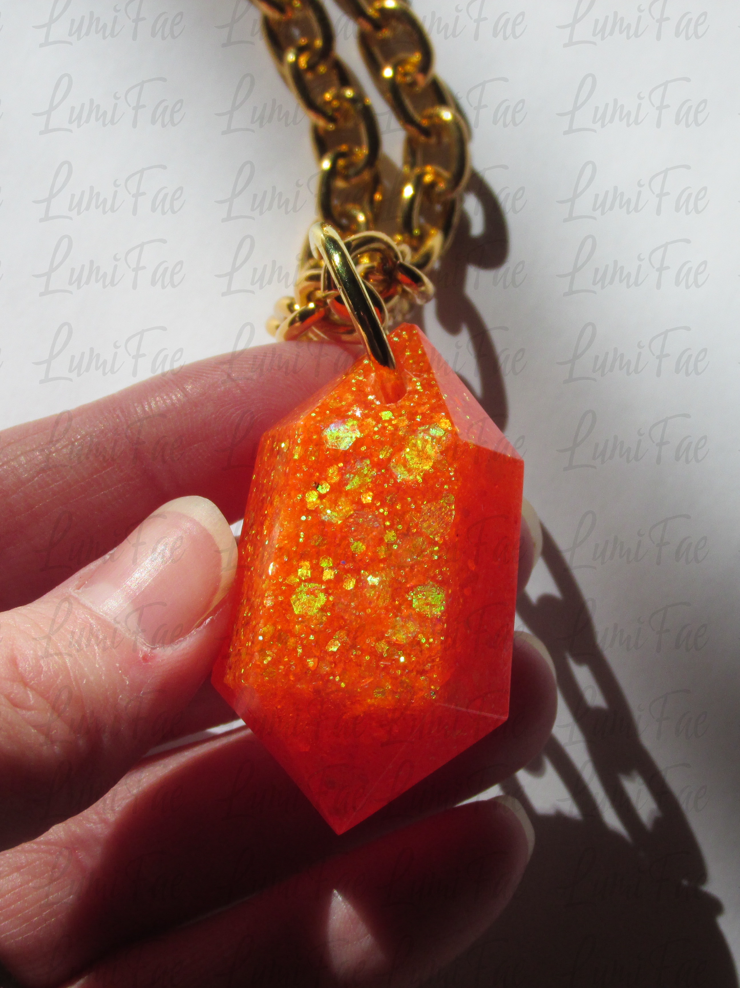 Sparkly Orange Gem Necklace, thick gold aluminum chain, bold, statement pendant