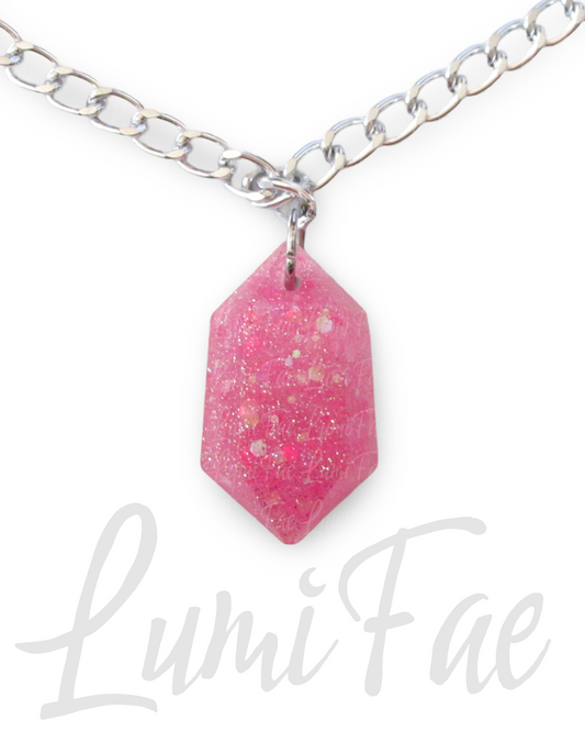 Sparkly Pink Gem Necklace, thick silver aluminum chain, bold, statement pendant