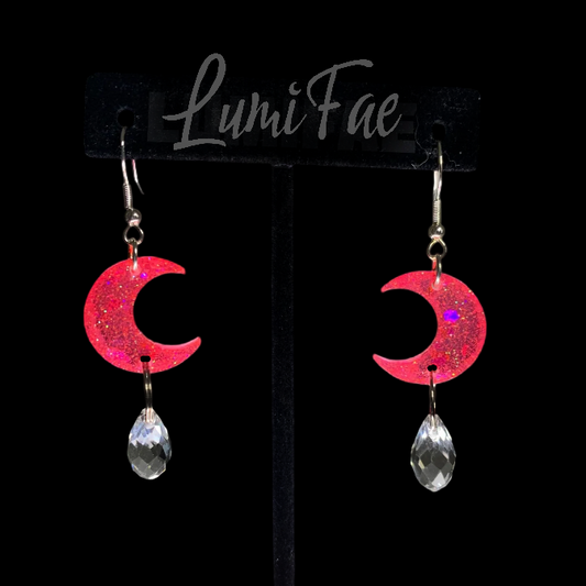 Hot Pink Glitter Moons with Crystal Tear Drops, Sterling Silver