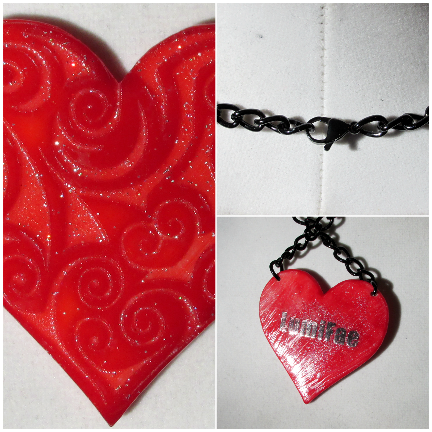 Bold Romantic Red Filigree Heart Necklace on Black Chain