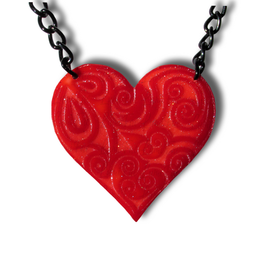 Bold Romantic Red Filigree Heart Necklace on Black Chain