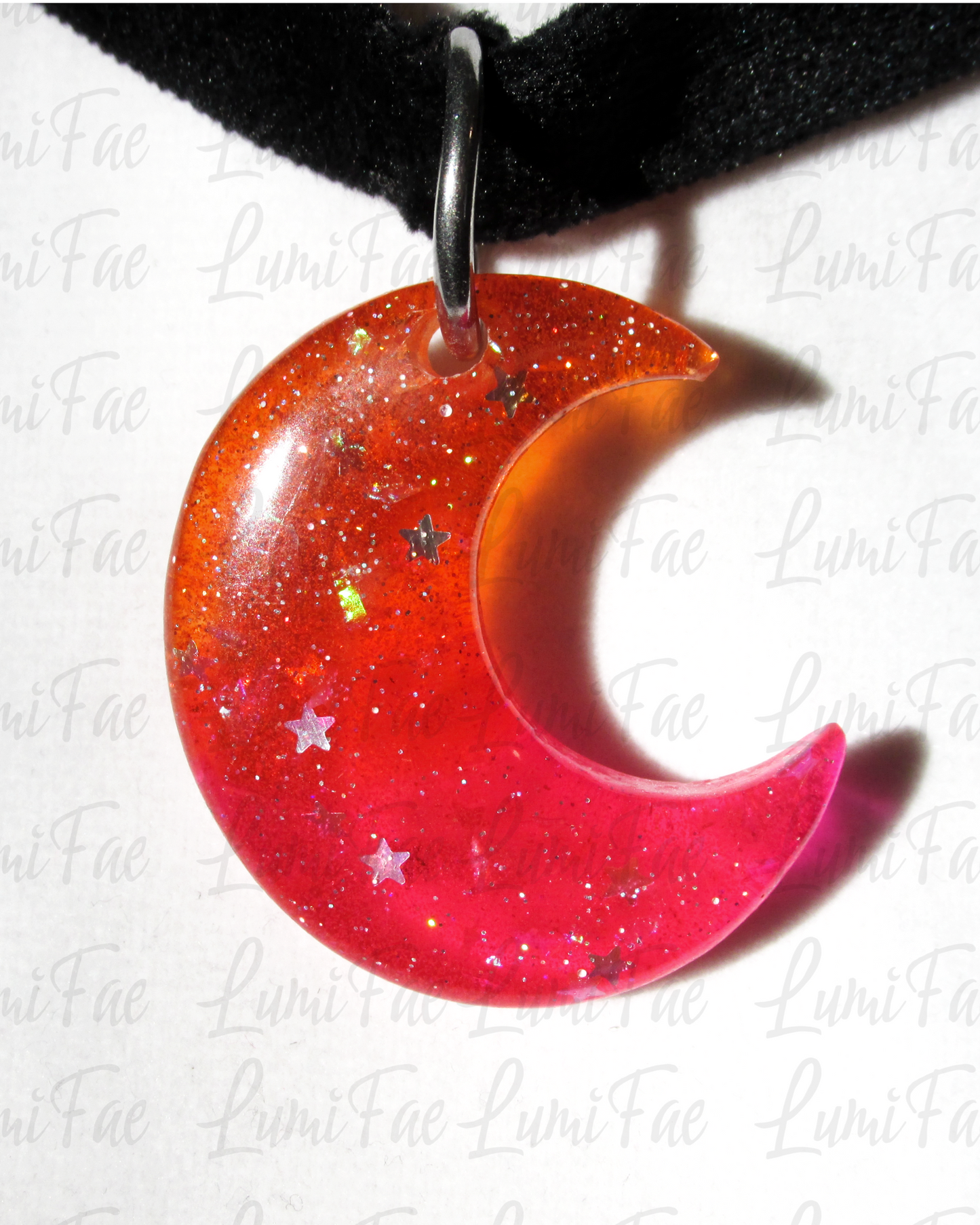 Sunset Moon Pendant on Black Velvet Choker, Orange and Pink with star glitter, adjustable