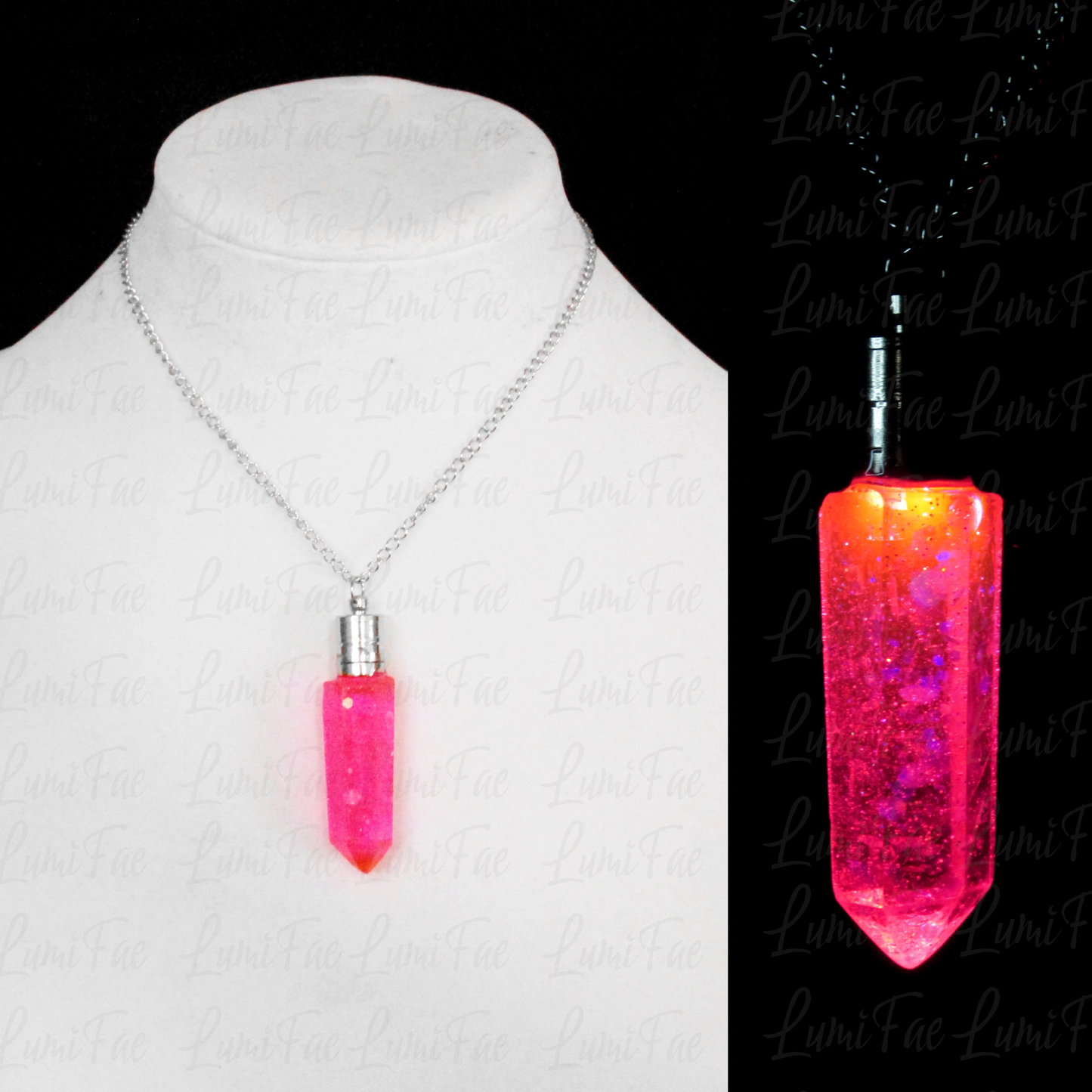 LED pink Glitter Crystal Necklace, adjustable chain