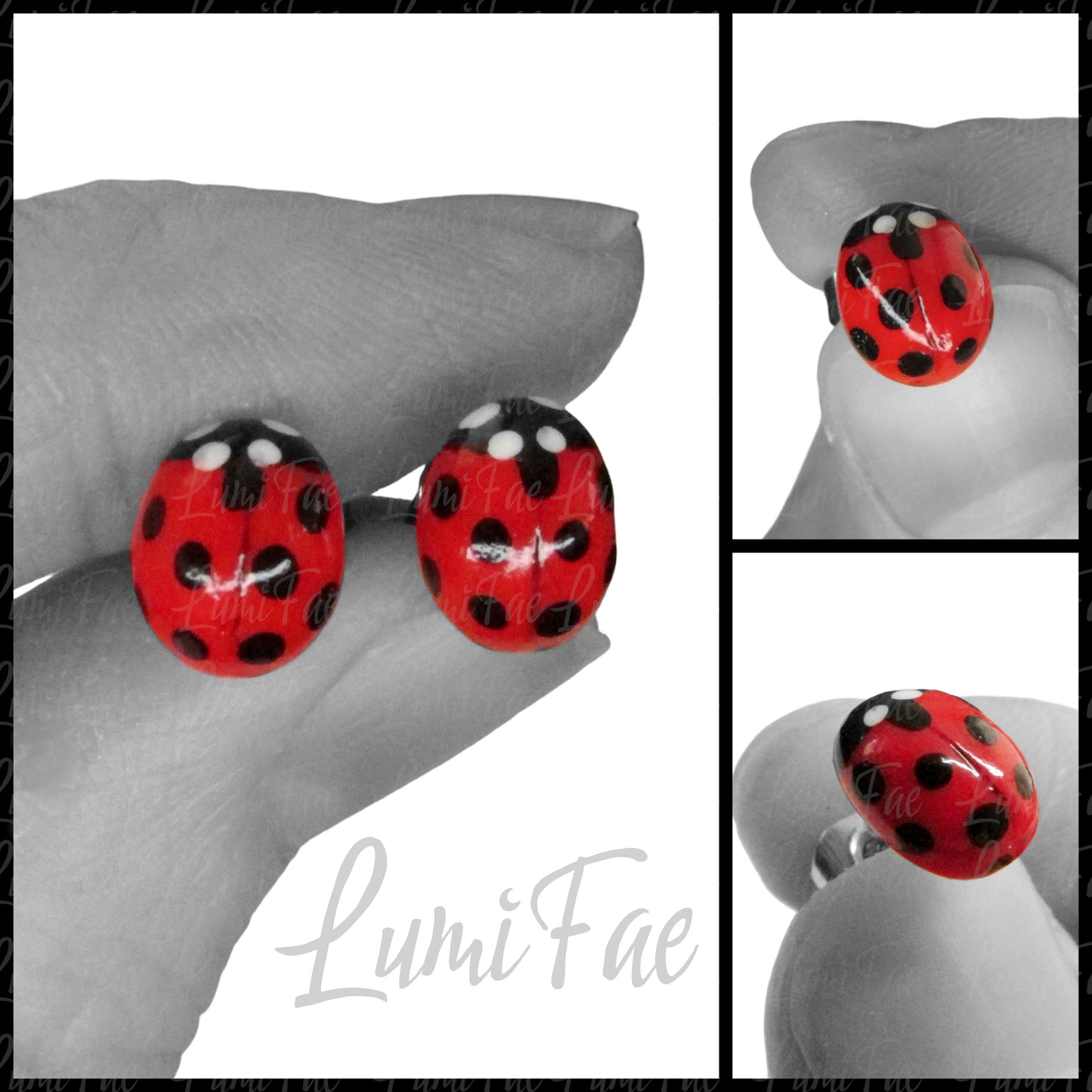 Photo collage of bright red glossy handmade Lifesize ladybug earrings held between two fingers, white background 