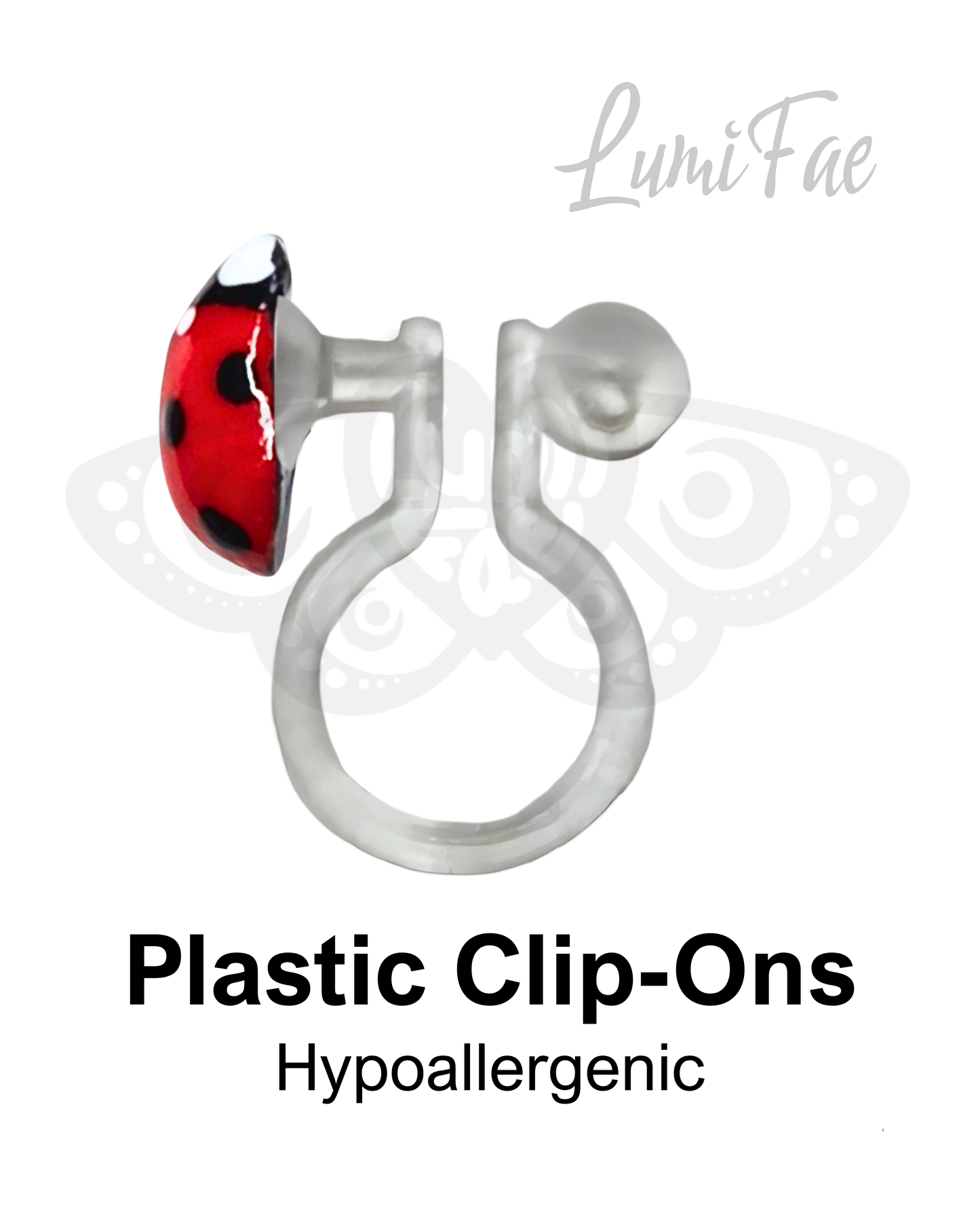 Plastic clip-on earrings with a ladybug design on a white background, branded 'LumiFae'.