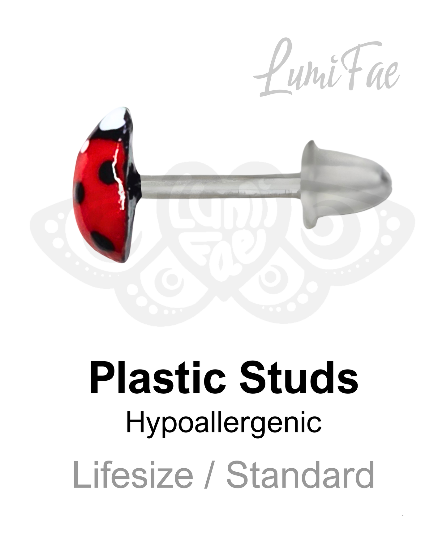 Ladybug plastic stud earring with 'LumiFae' branding on a white background.