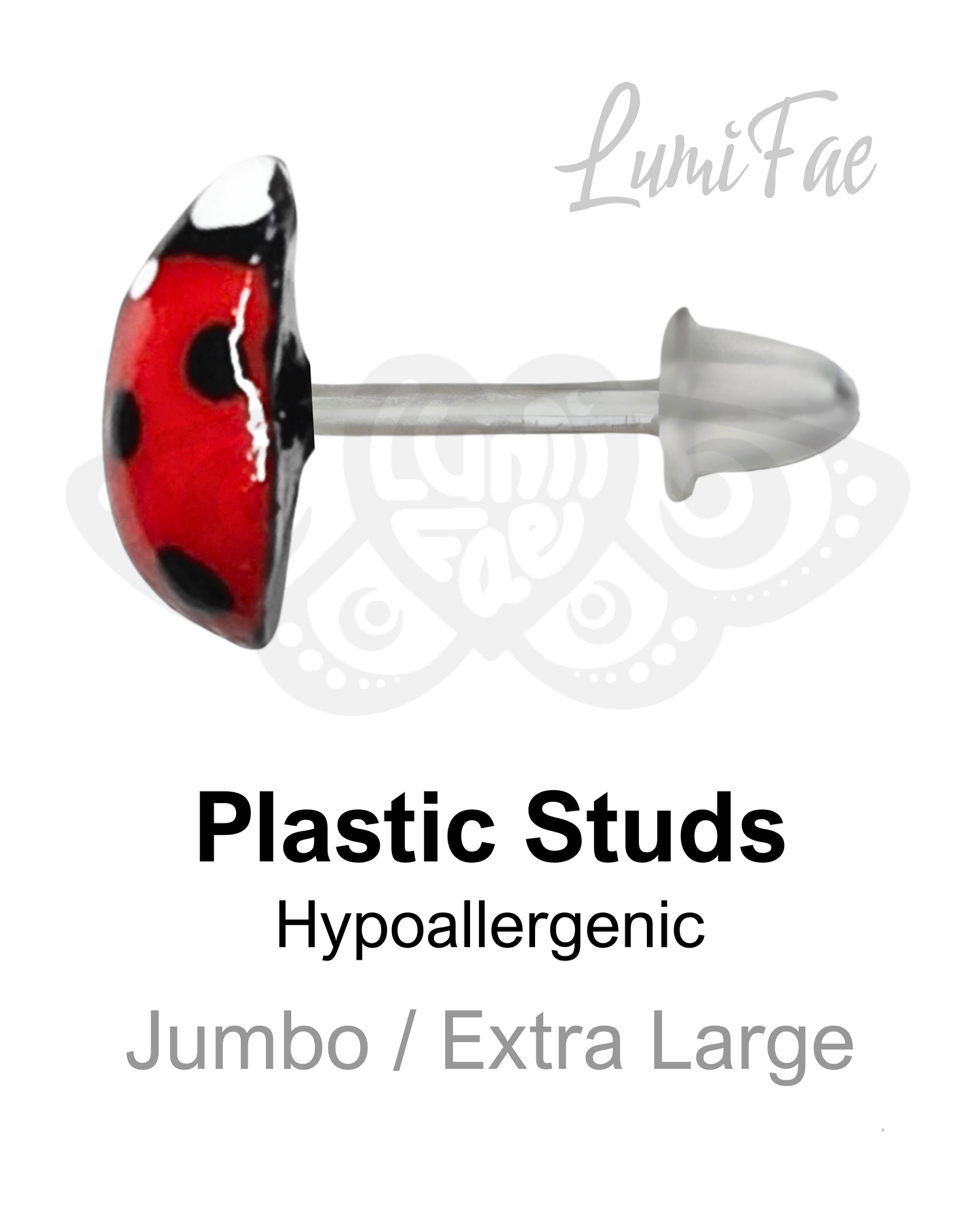Large ladybug plastic stud earring with 'LumiFae' branding on a white background.