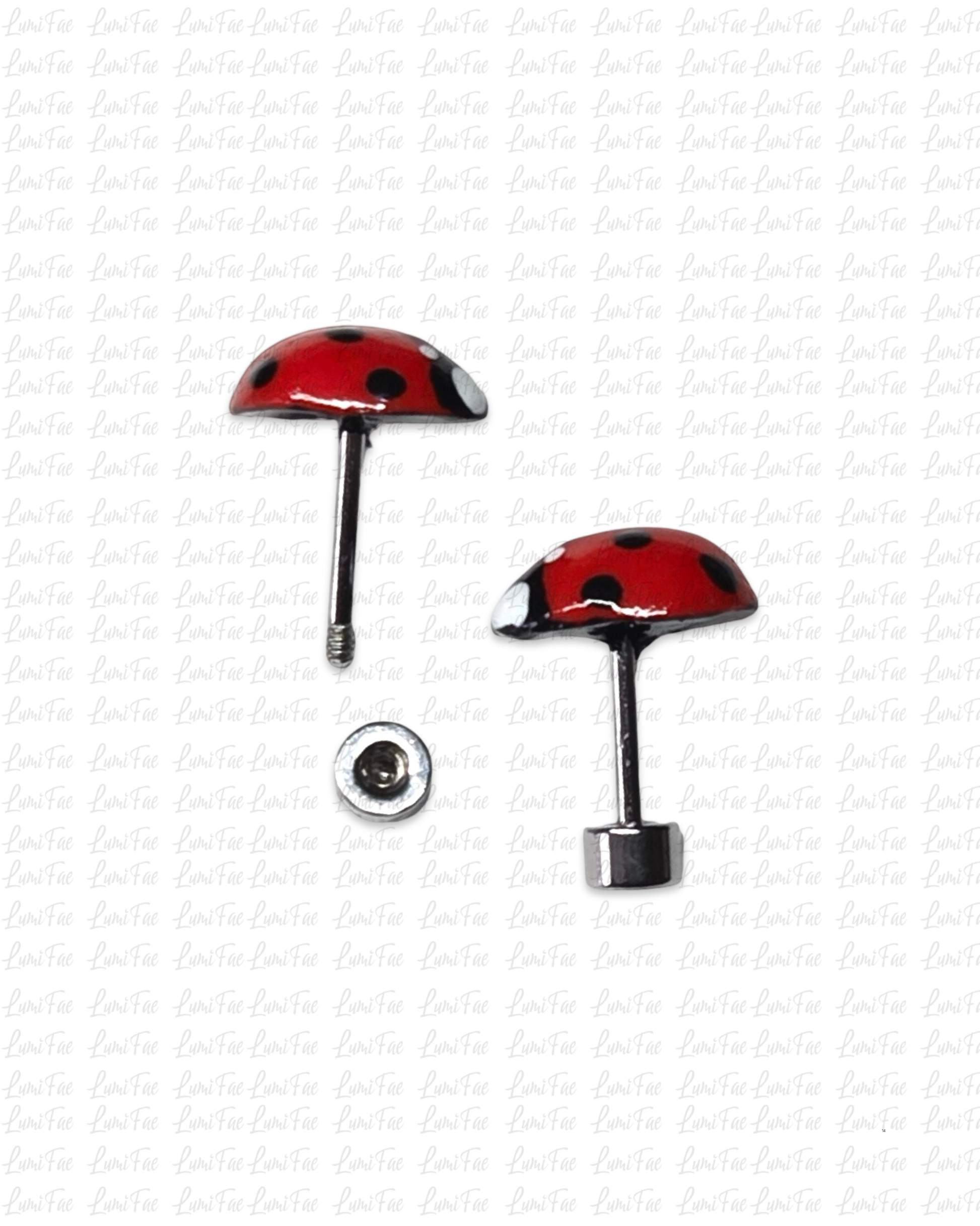 Red ladybug earrings with short posts for cartilage, and flat screw backs on a white background