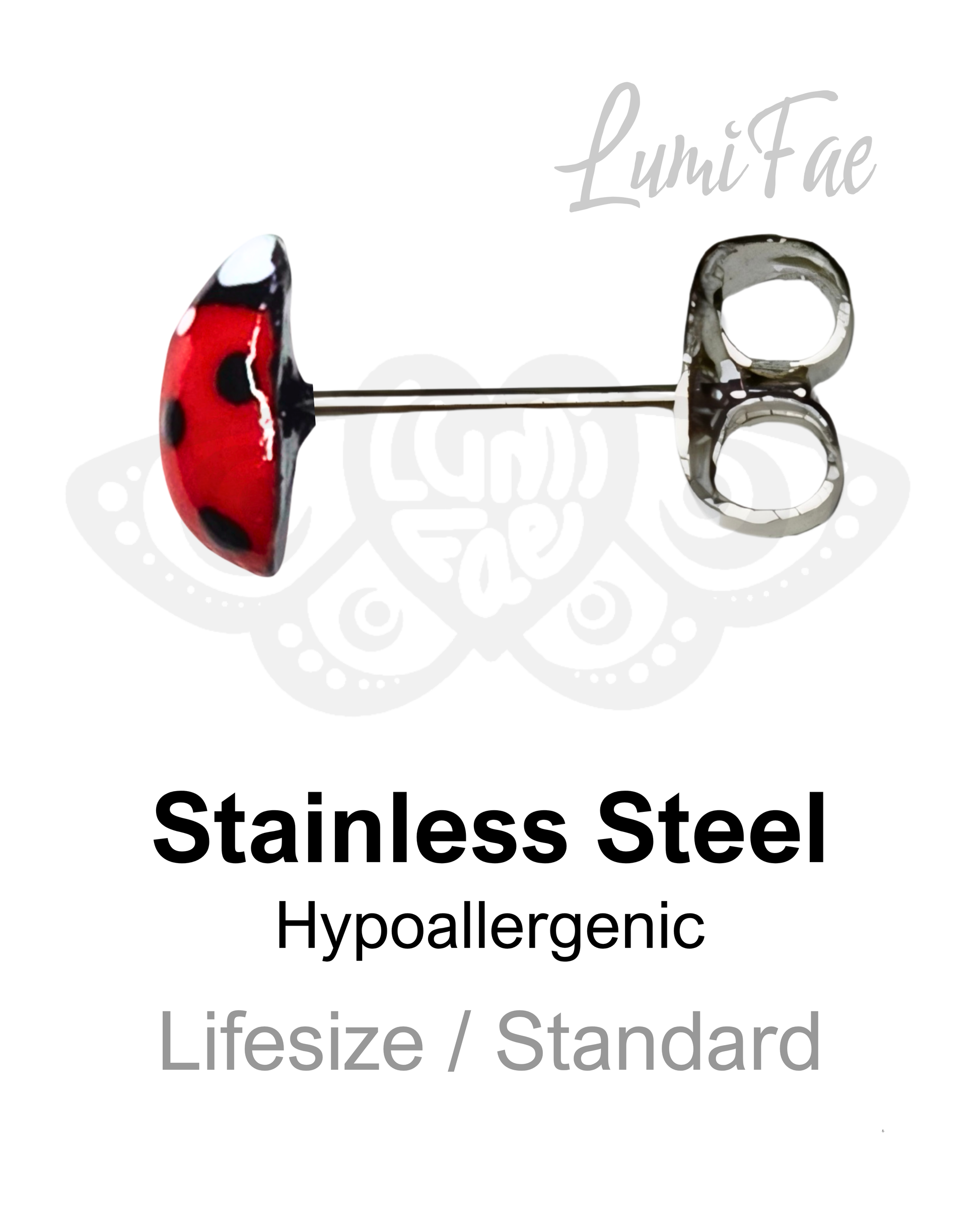 Stainless steel posts  ladybug earring on a white background with 'LumiFae' branding.