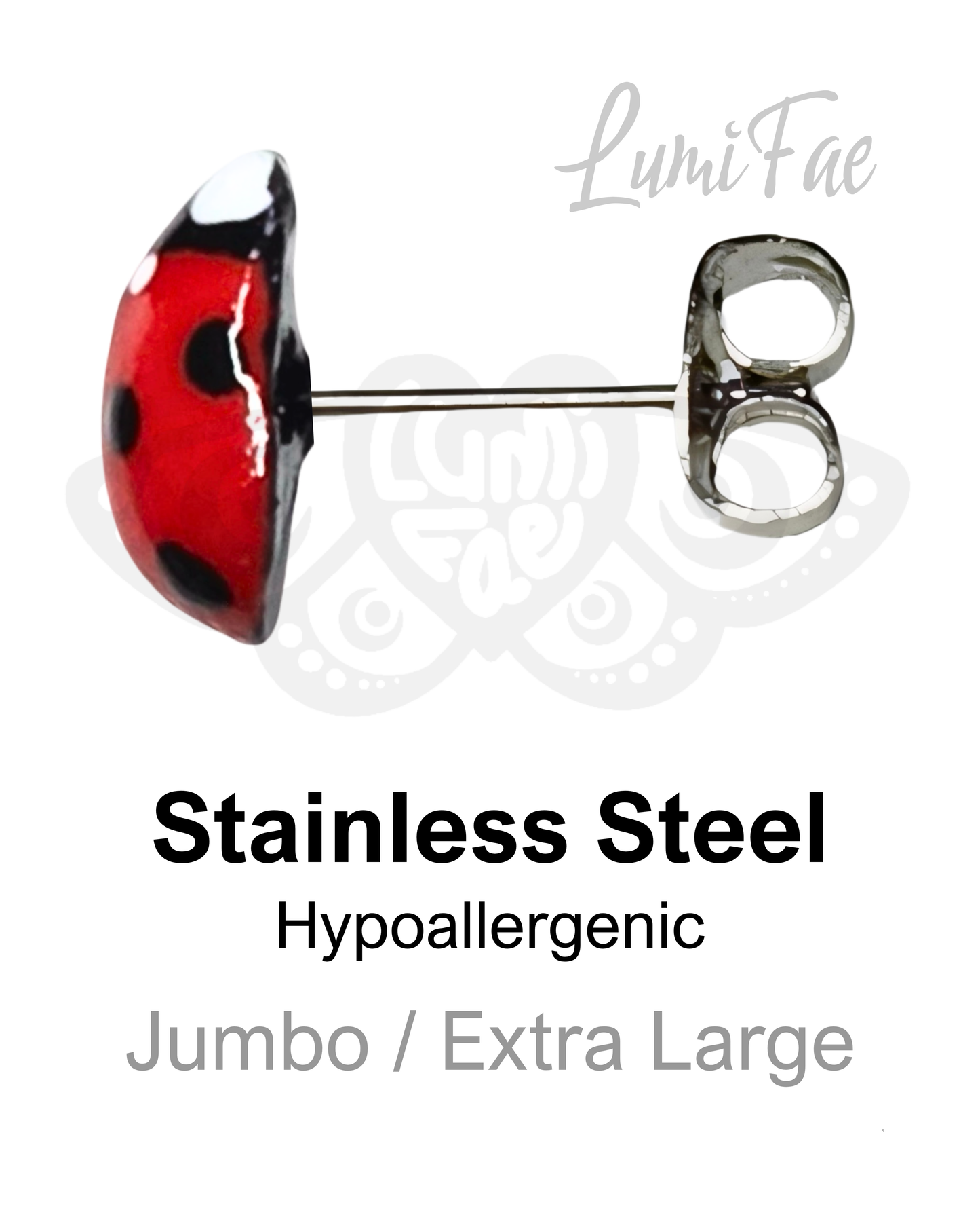 Stainless steel posts large ladybug earring on a white background with 'LumiFae' branding. 