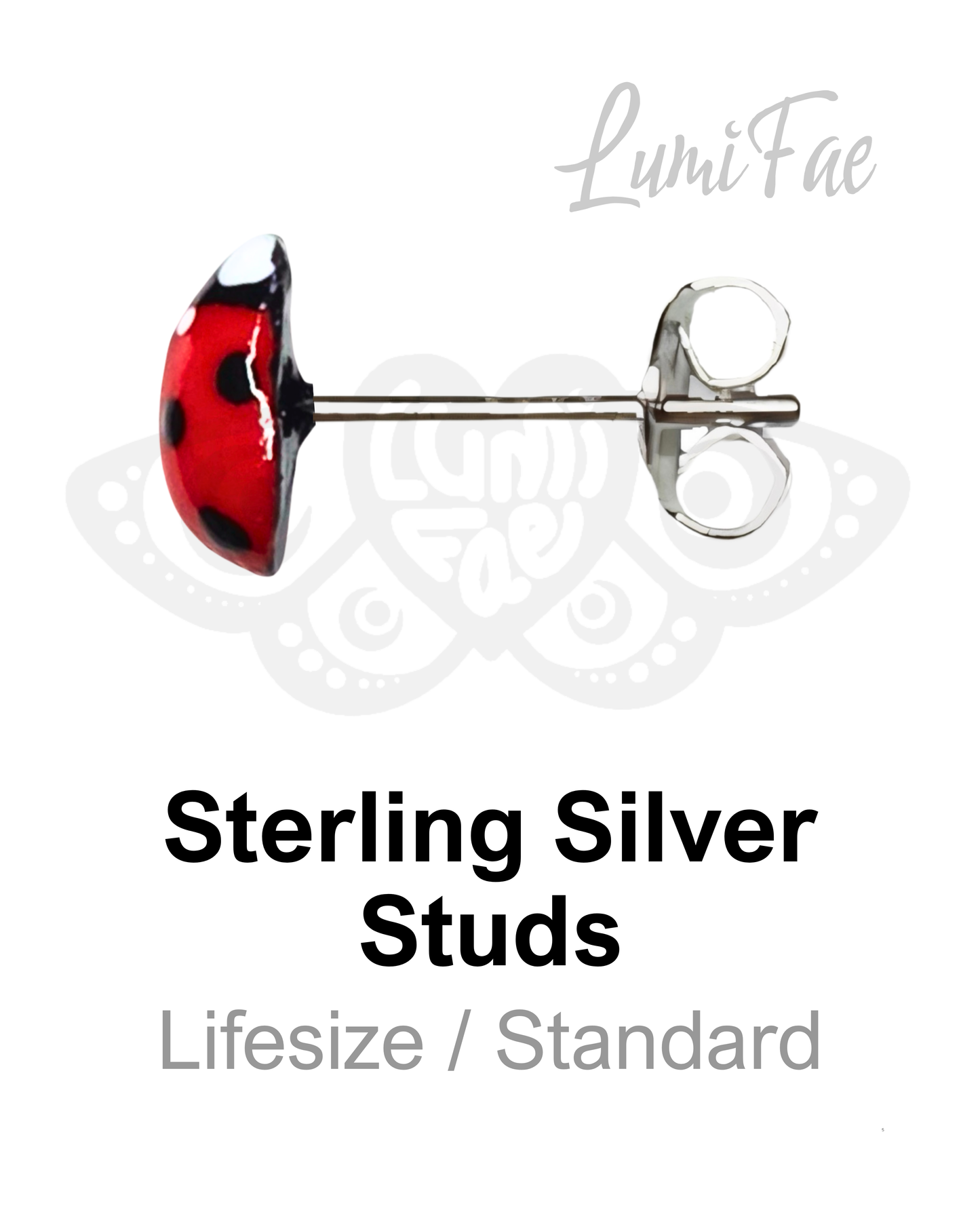 Sterling silver posts ladybug earrings on a white background with 'LumiFae' branding.