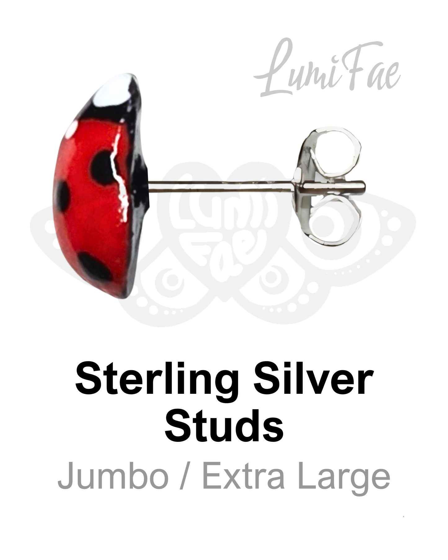 Sterling silver posts large ladybug earrings on a white background with 'LumiFae' branding.
