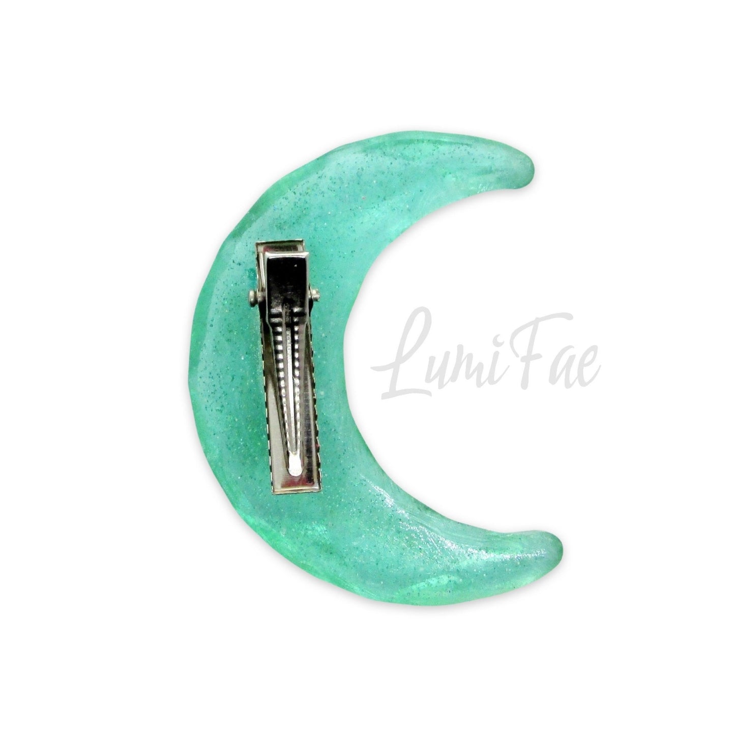 Aqua Blue Sparkly Translucent Moon Hair clip, 2.5” - LumiFae