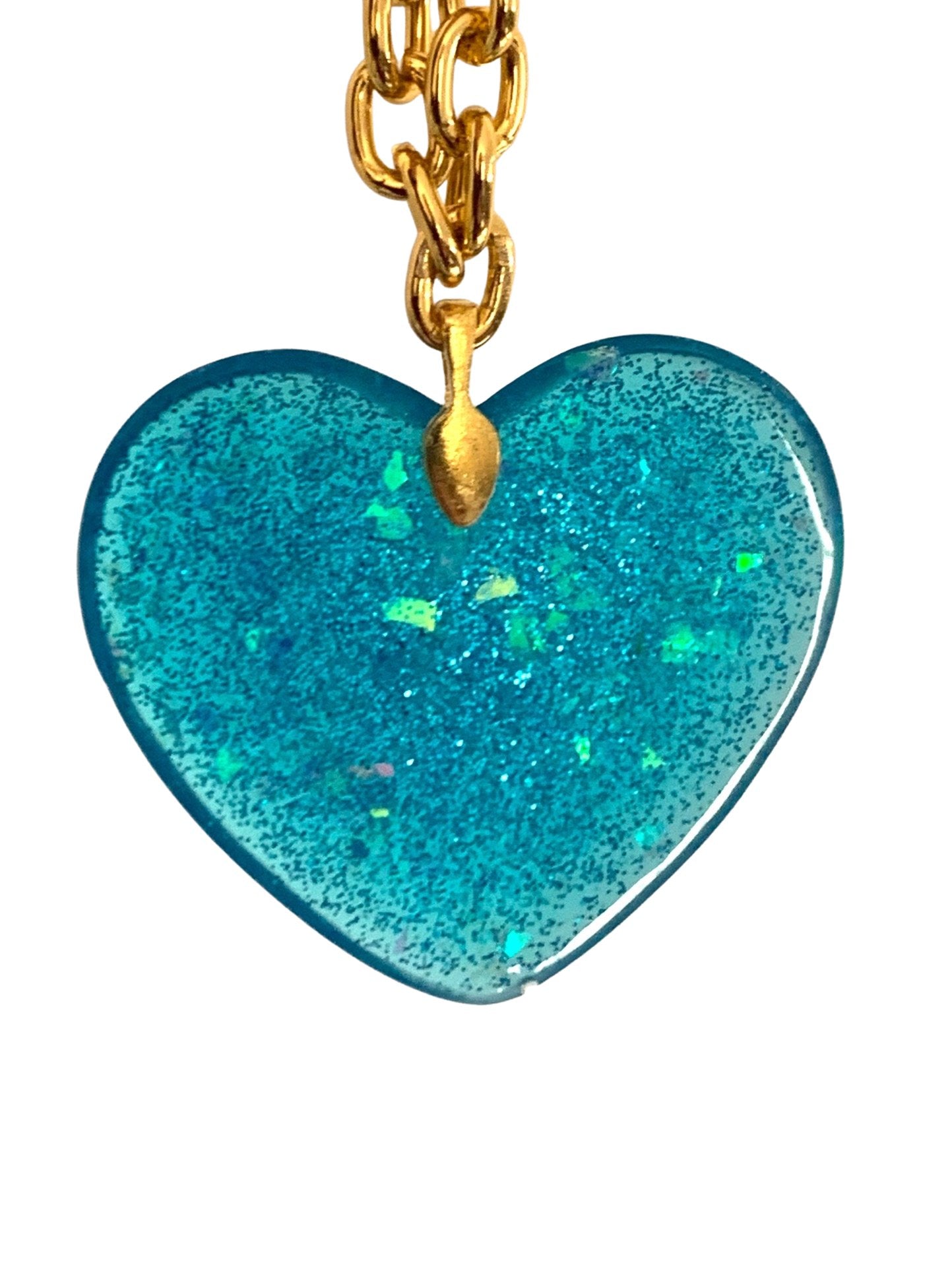 Big Blue Glitter Heart Pendant on thick lightweight Gold Aluminum Chain, 2” - LumiFae