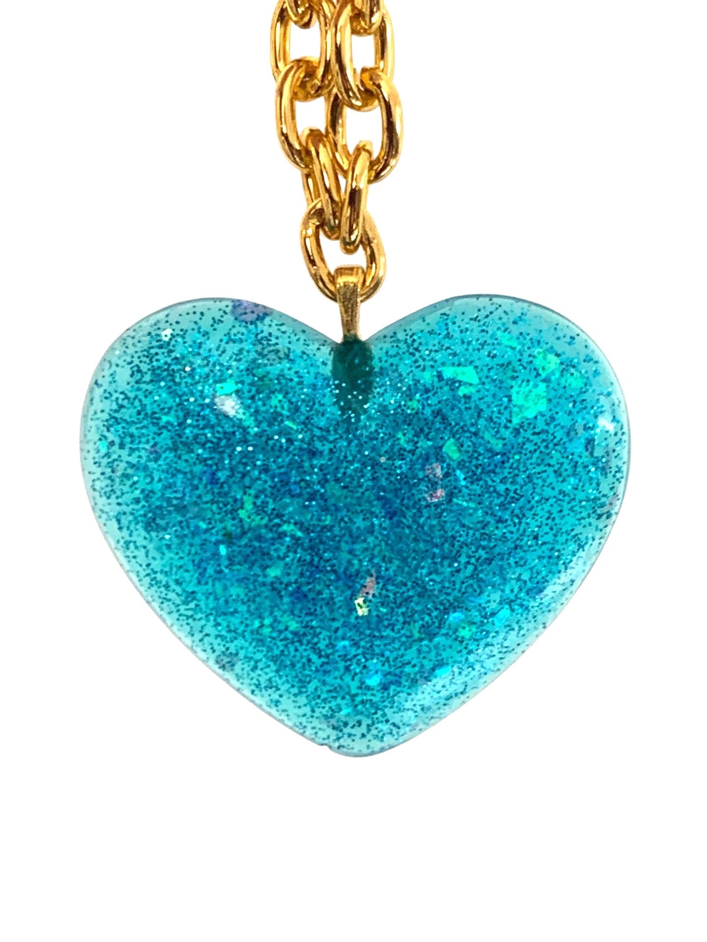 Big Blue Glitter Heart Pendant on thick lightweight Gold Aluminum Chain, 2” - LumiFae