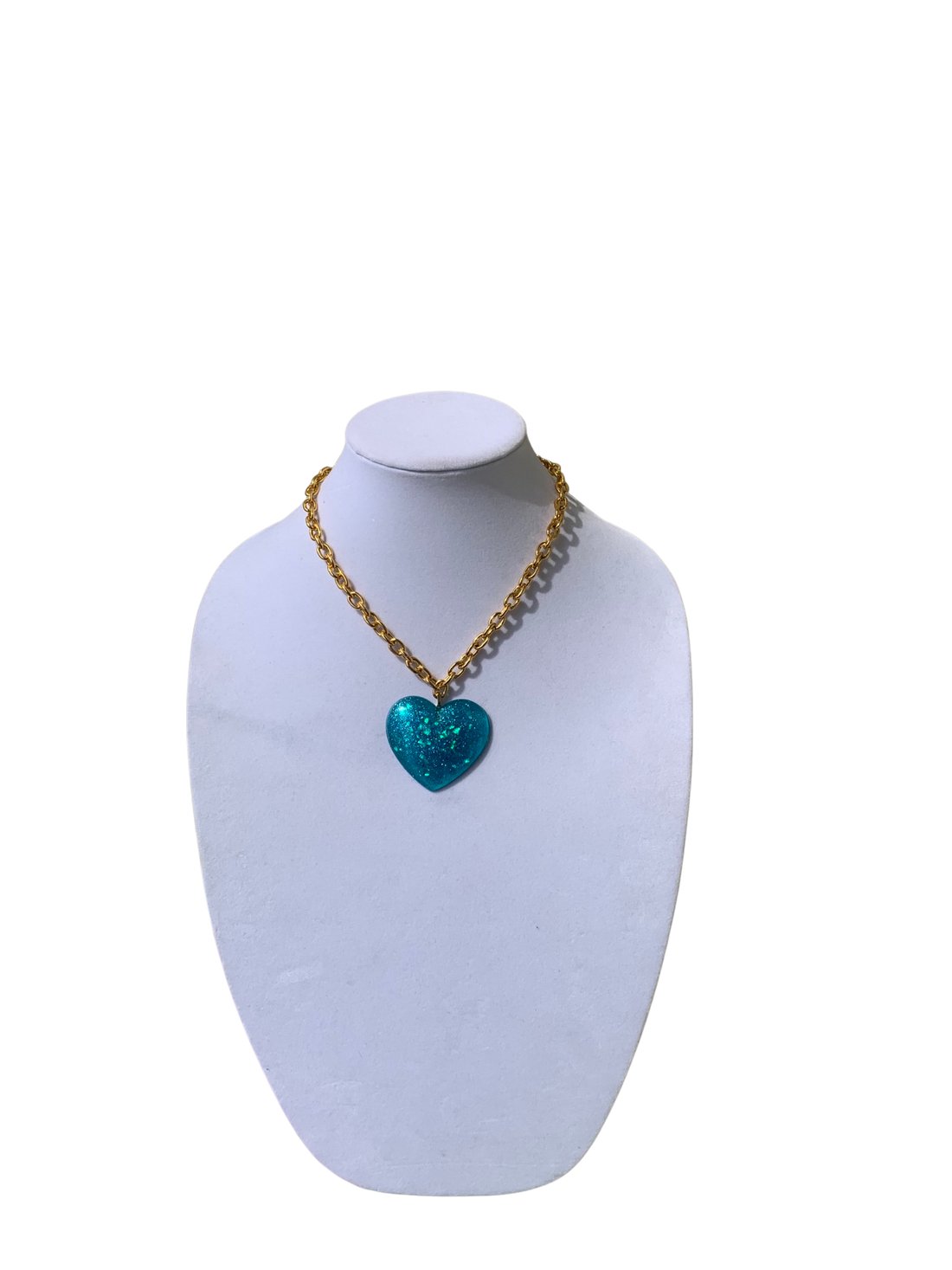 Big Blue Glitter Heart Pendant on thick lightweight Gold Aluminum Chain, 2” - LumiFae