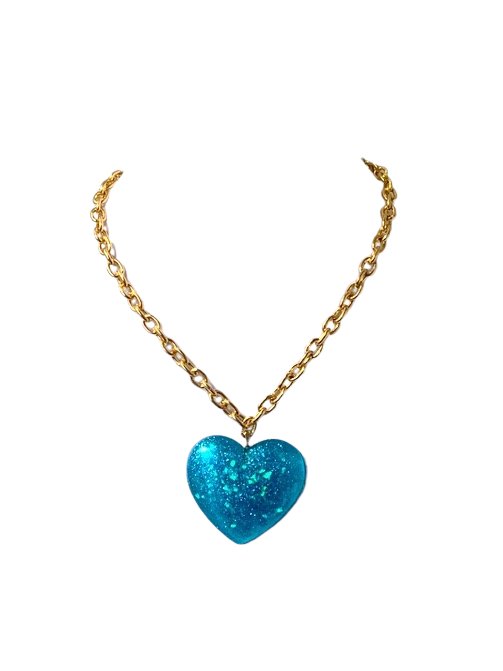 Big Blue Glitter Heart Pendant on thick lightweight Gold Aluminum Chain, 2” - LumiFae