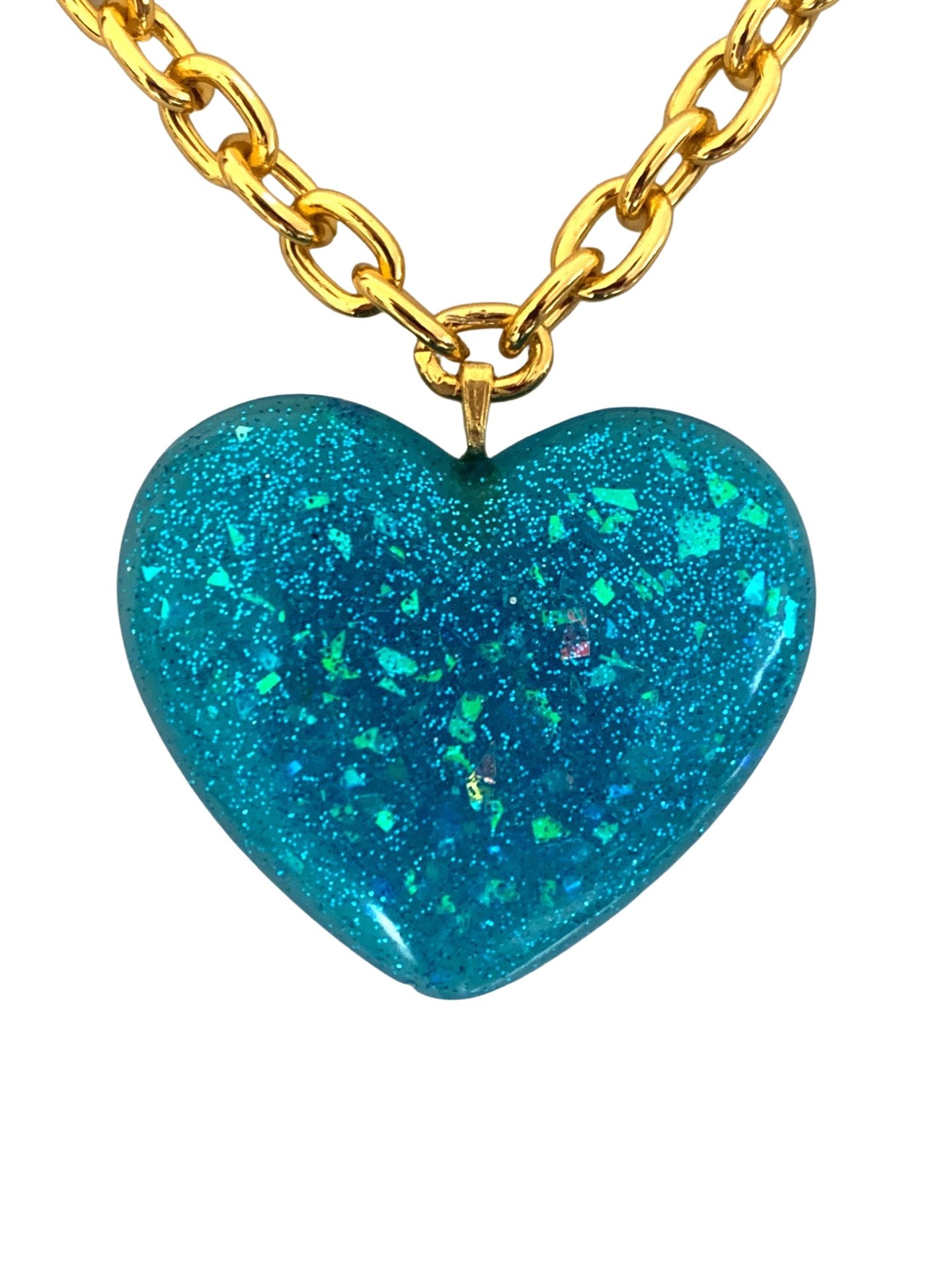 Big Blue Glitter Heart Pendant on thick lightweight Gold Aluminum Chain, 2” - LumiFae