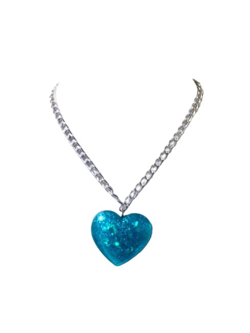 Big Blue Glitter Heart Pendant on thick lightweight, Silver Aluminum Chain, 2” - LumiFae