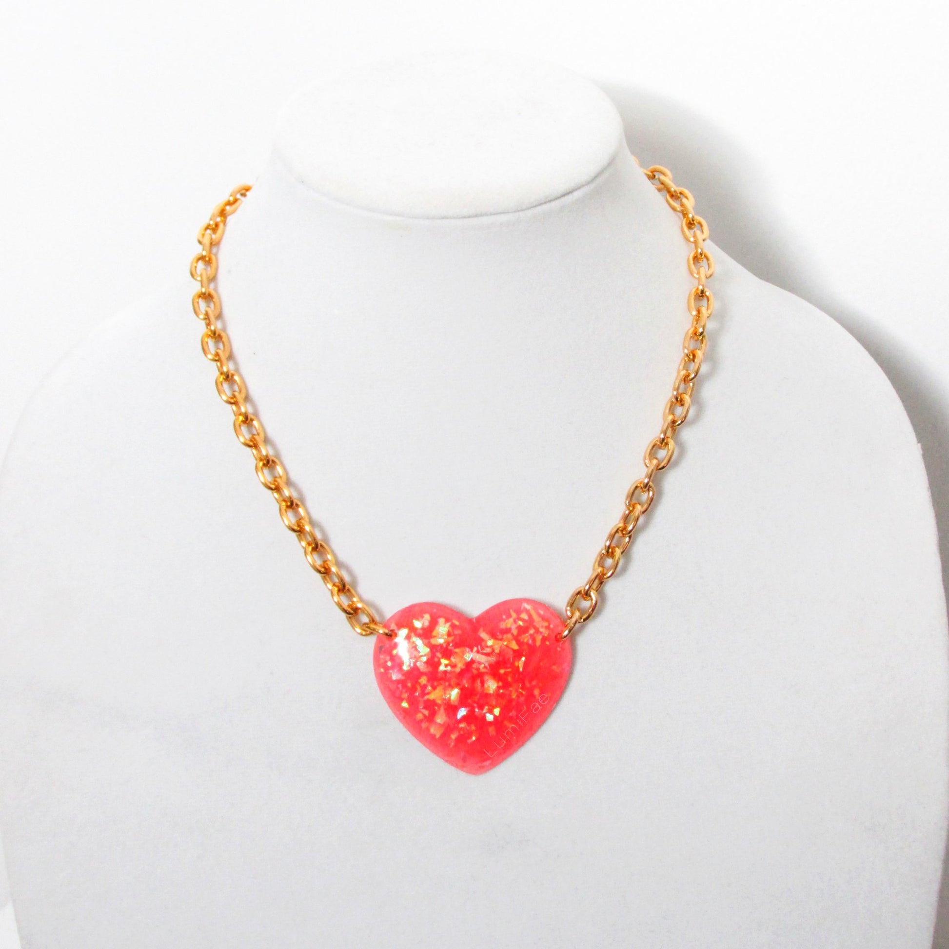 Big Pink Sparkly Heart Pendant on Lightweight Gold Aluminum Chain, 2” - LumiFae