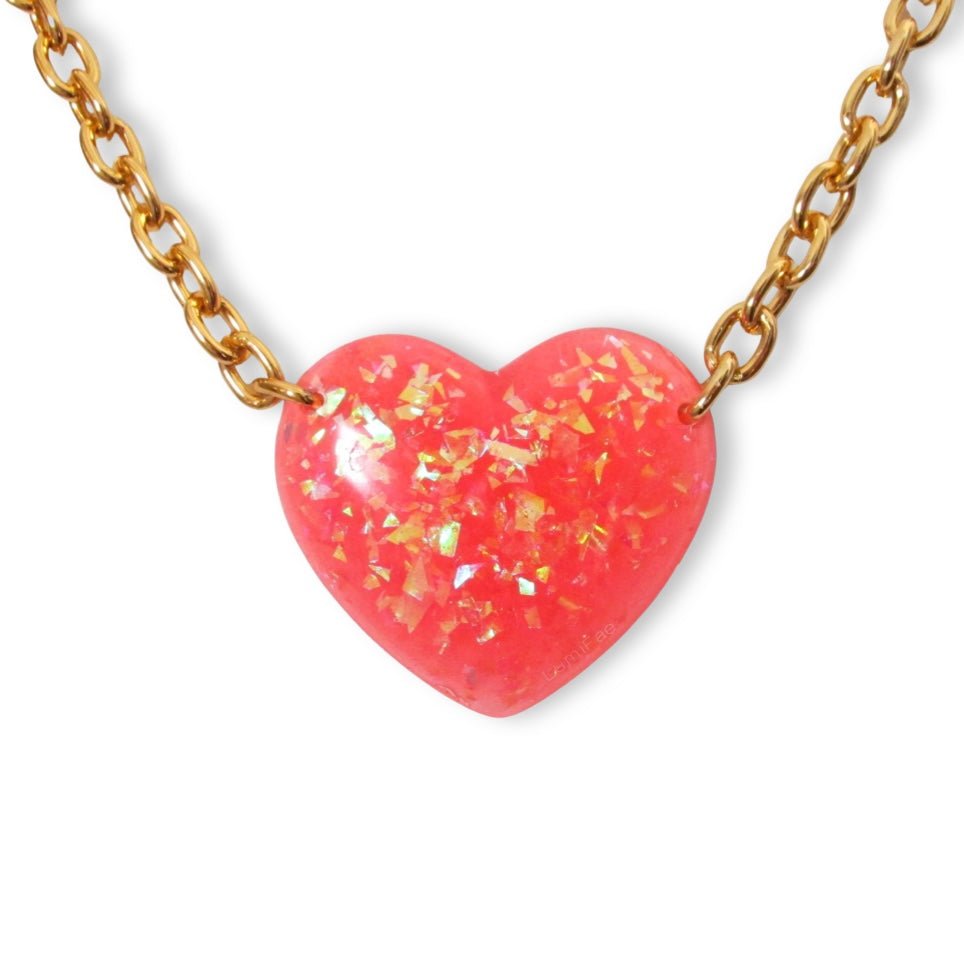 Big Pink Sparkly Heart Pendant on Lightweight Gold Aluminum Chain, 2” - LumiFae