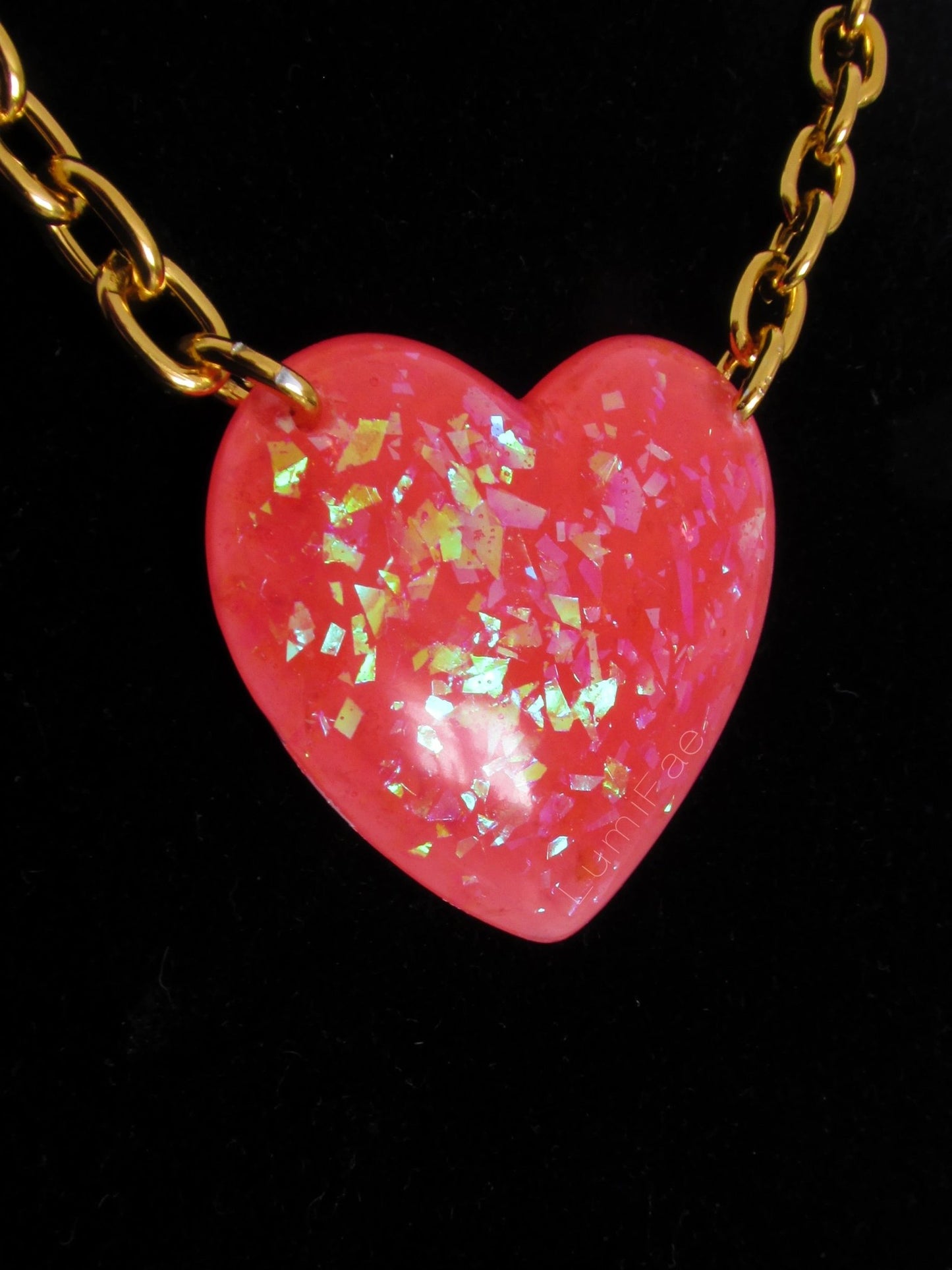 Big Pink Sparkly Heart Pendant on Lightweight Gold Aluminum Chain, 2” - LumiFae