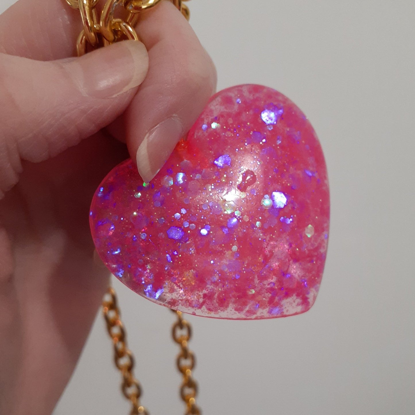 Big Pink Sparkly Heart Pendant on Lightweight Gold Aluminum Chain, 2” -- flawed -- - LumiFae