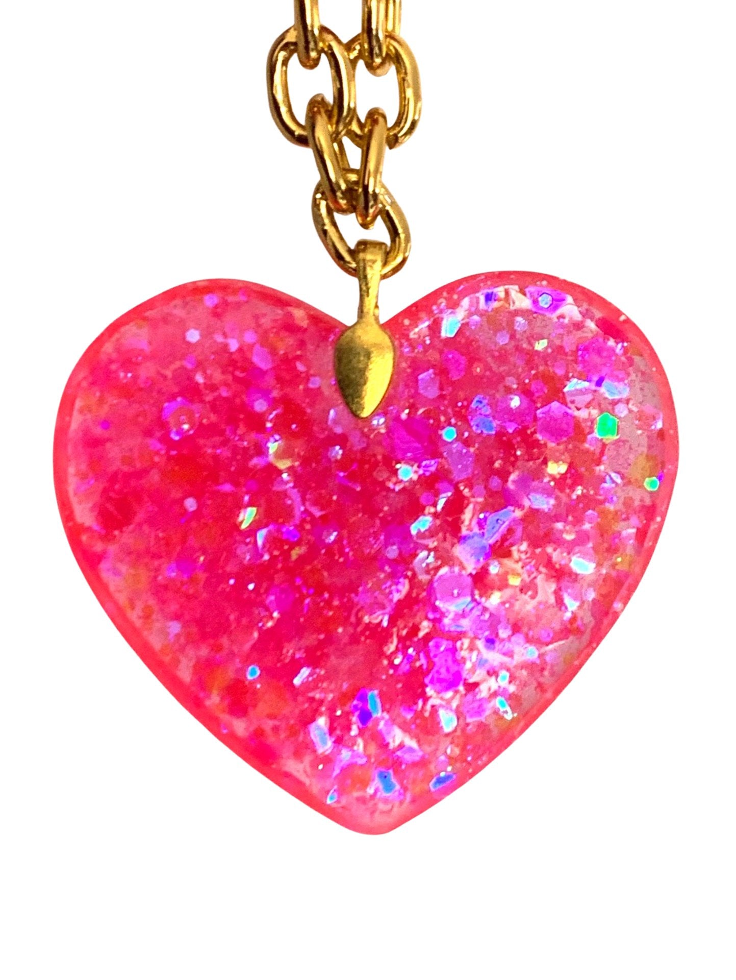 Big Pink Sparkly Heart Pendant on Lightweight Gold Aluminum Chain, 2” -- flawed -- - LumiFae