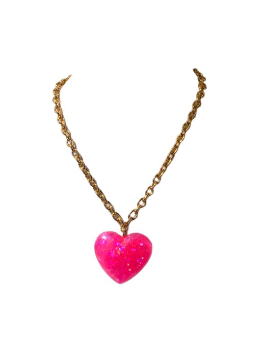 Big Pink Sparkly Heart Pendant on Lightweight Gold Aluminum Chain, 2” -- flawed -- - LumiFae