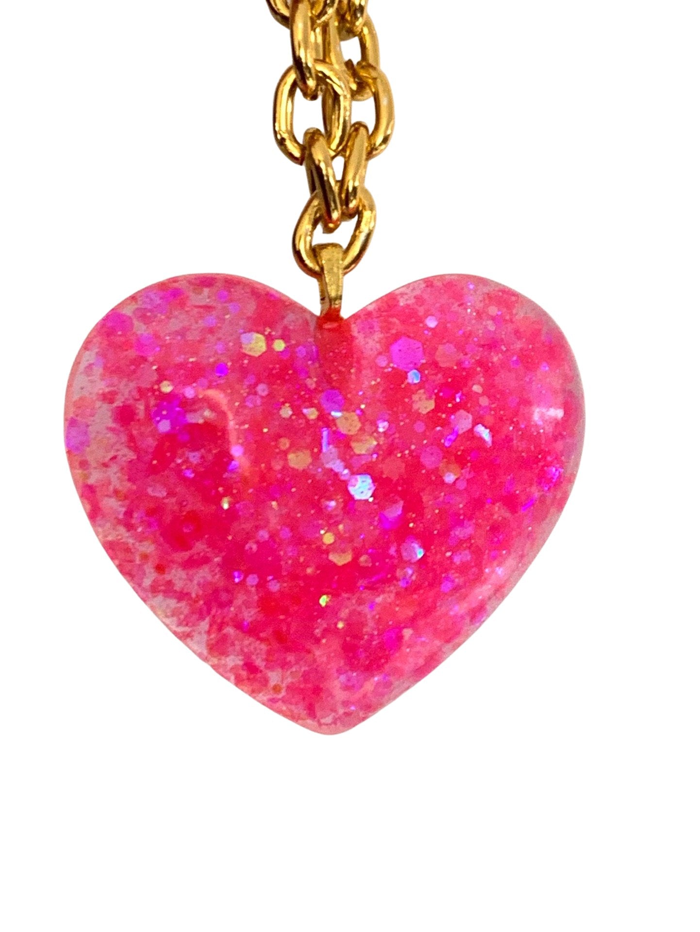 Big Pink Sparkly Heart Pendant on Lightweight Gold Aluminum Chain, 2” -- flawed -- - LumiFae