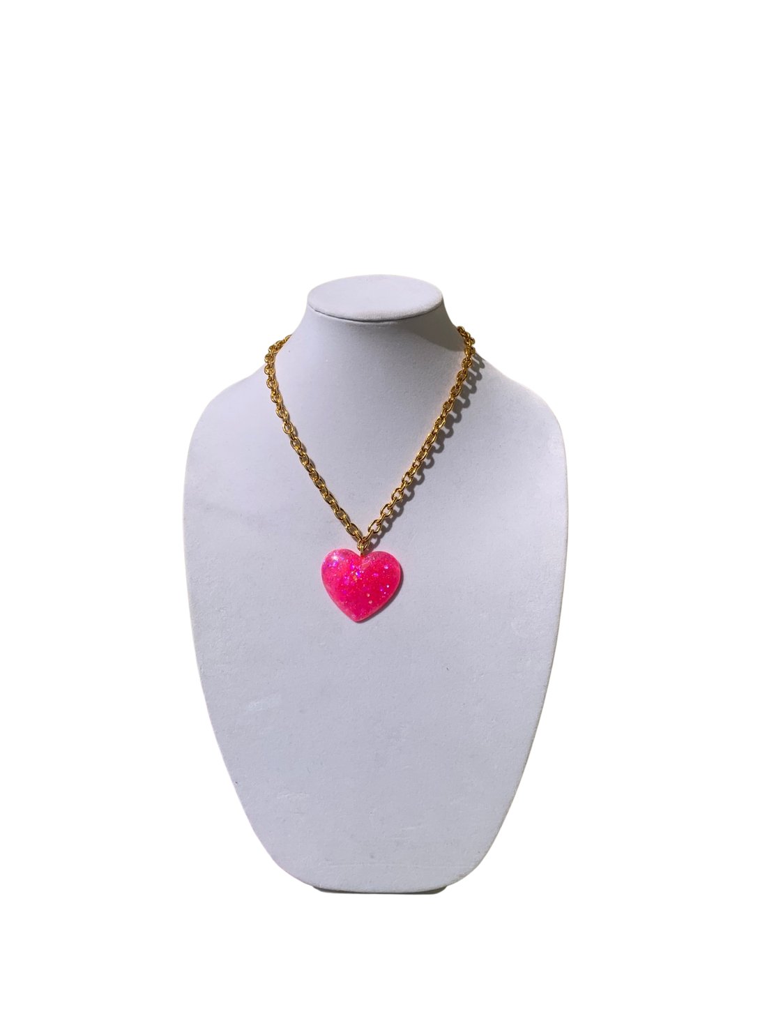 Big Pink Sparkly Heart Pendant on Lightweight Gold Aluminum Chain, 2” -- flawed -- - LumiFae