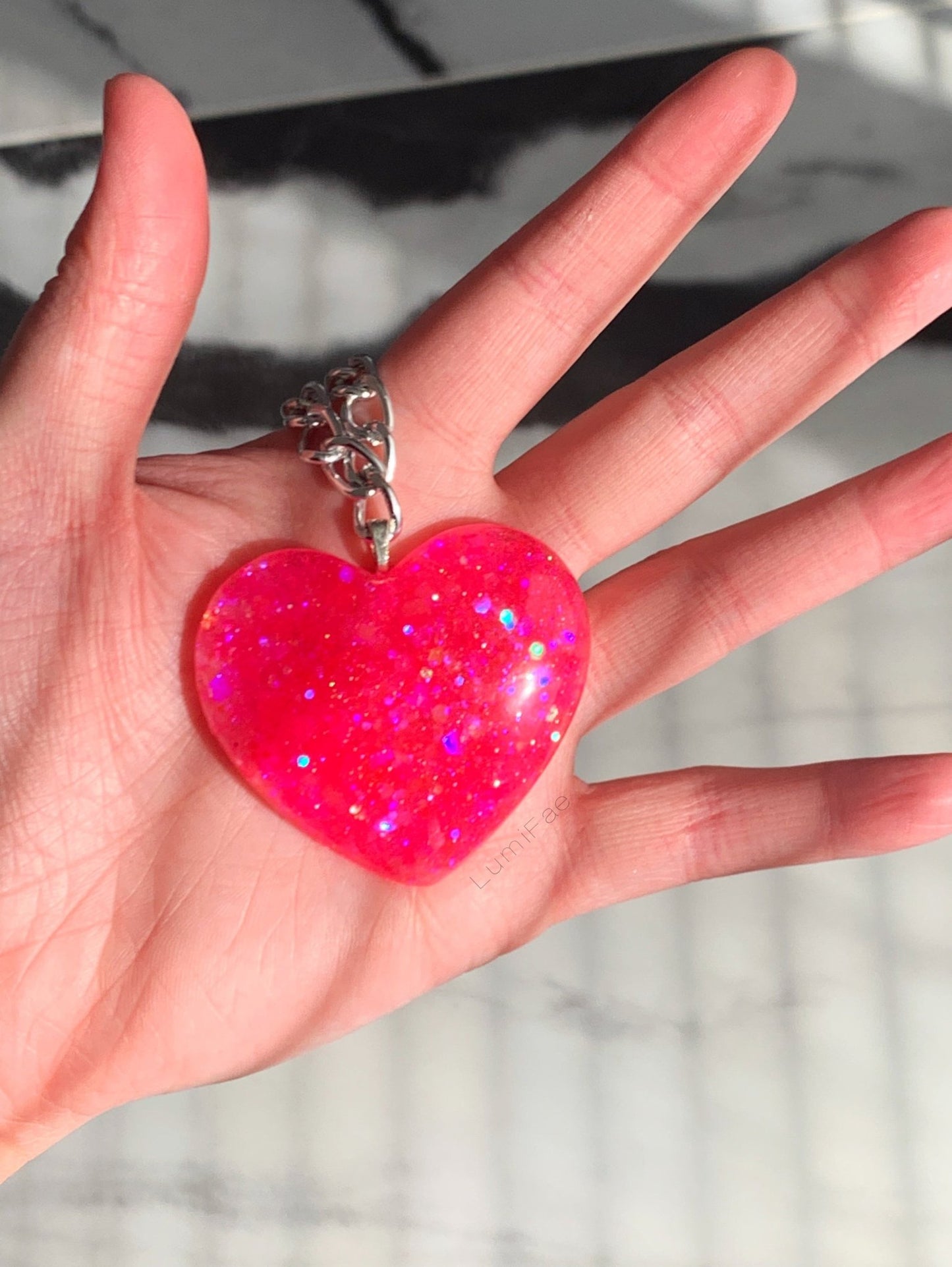 Big Pink Sparkly Heart Pendant on Lightweight Gold Aluminum Chain, 2” -- flawed -- - LumiFae